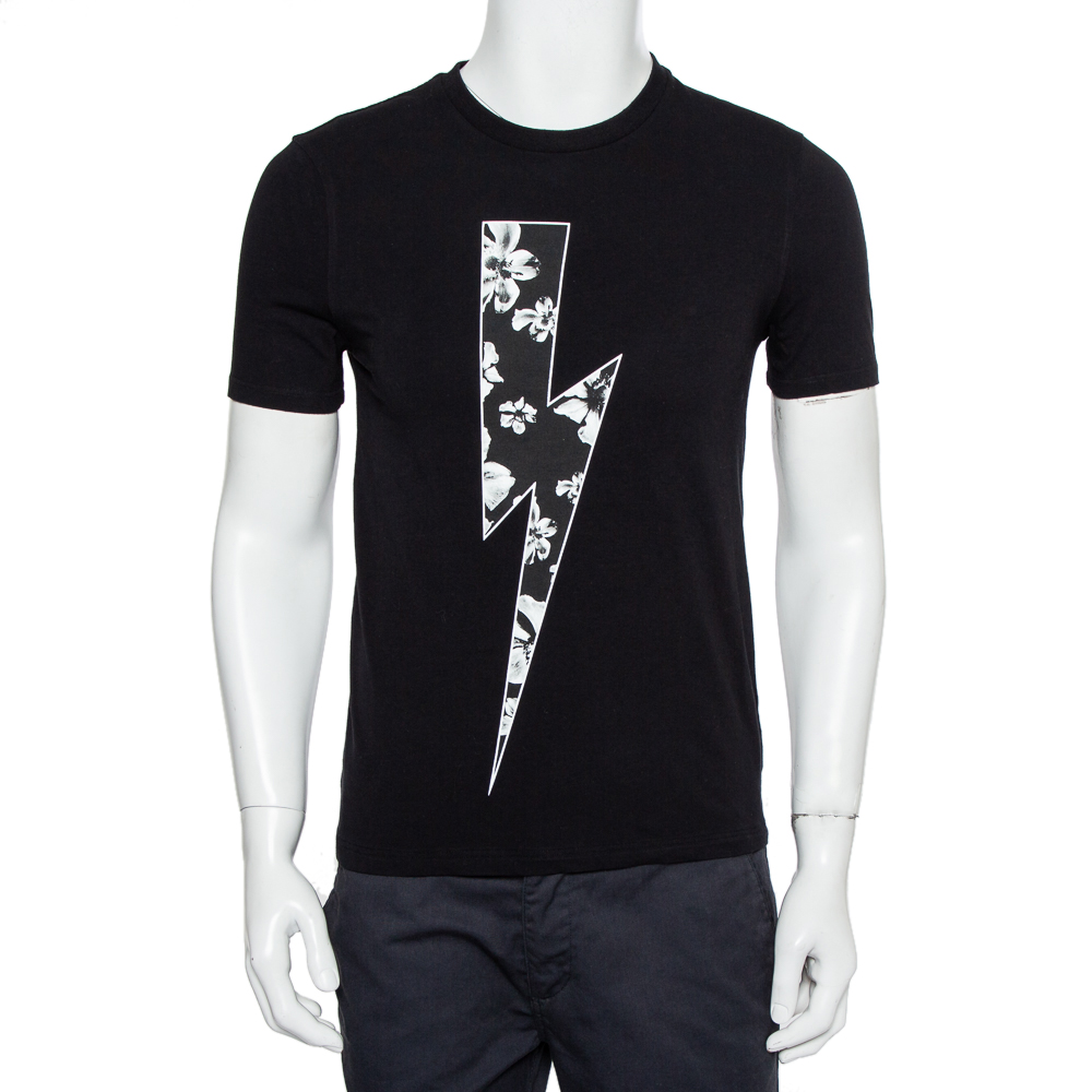 Neil Barrett Black Floral Bolt Printed Crewneck T-Shirt S