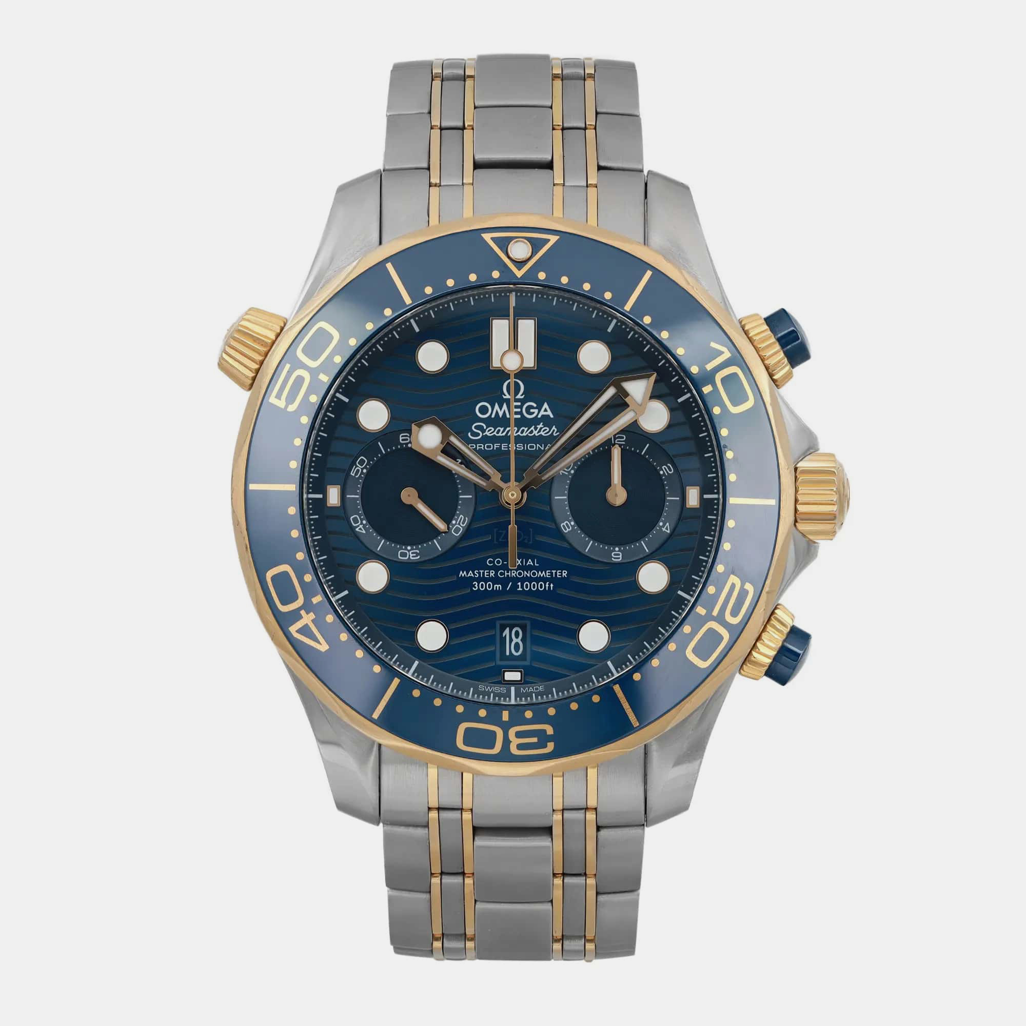 Watches  The Luxury Closet Omega Blue 18k Yellow Gold Stainless Steel Seamaster Diver Automatic Men's Wristwatch 44 mm