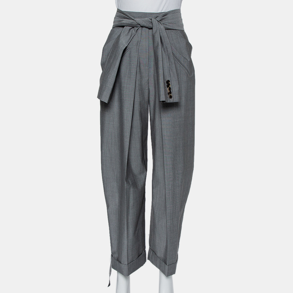 Alexander Wang Grey Wool and Mohair Blend Tie Front Tapered Pants M