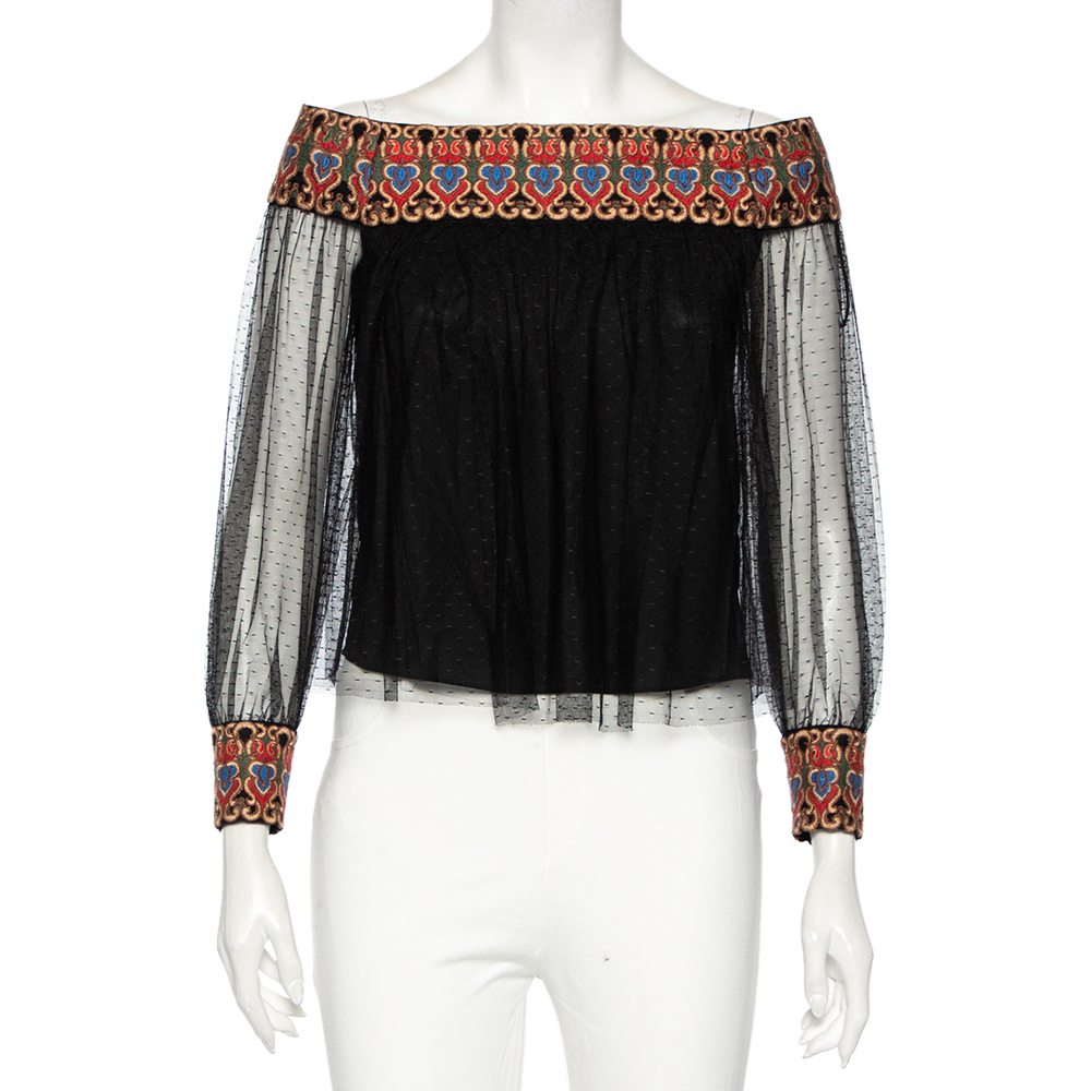 Alice + Olivia Black Embroidered Tulle Off-Shoulder Blouse XS