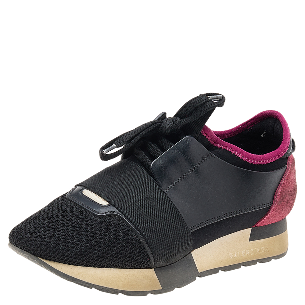 Balenciaga Black/Fuchsia Leather And Mesh Race Runner Sneakers Size 37