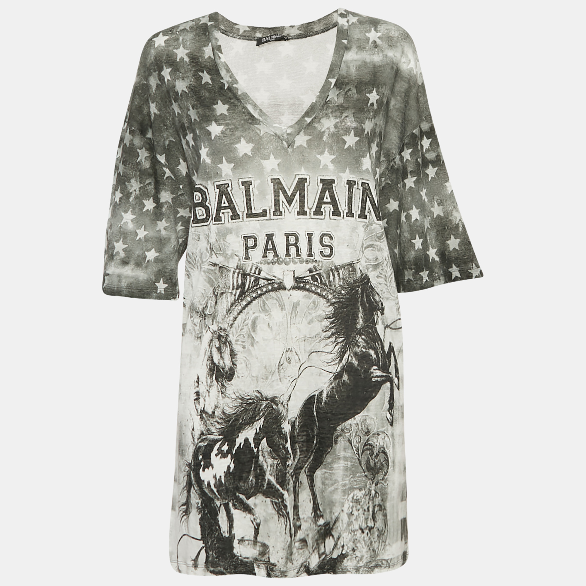 Balmain Grey Printed Linen Jersey V-Neck T-Shirt L