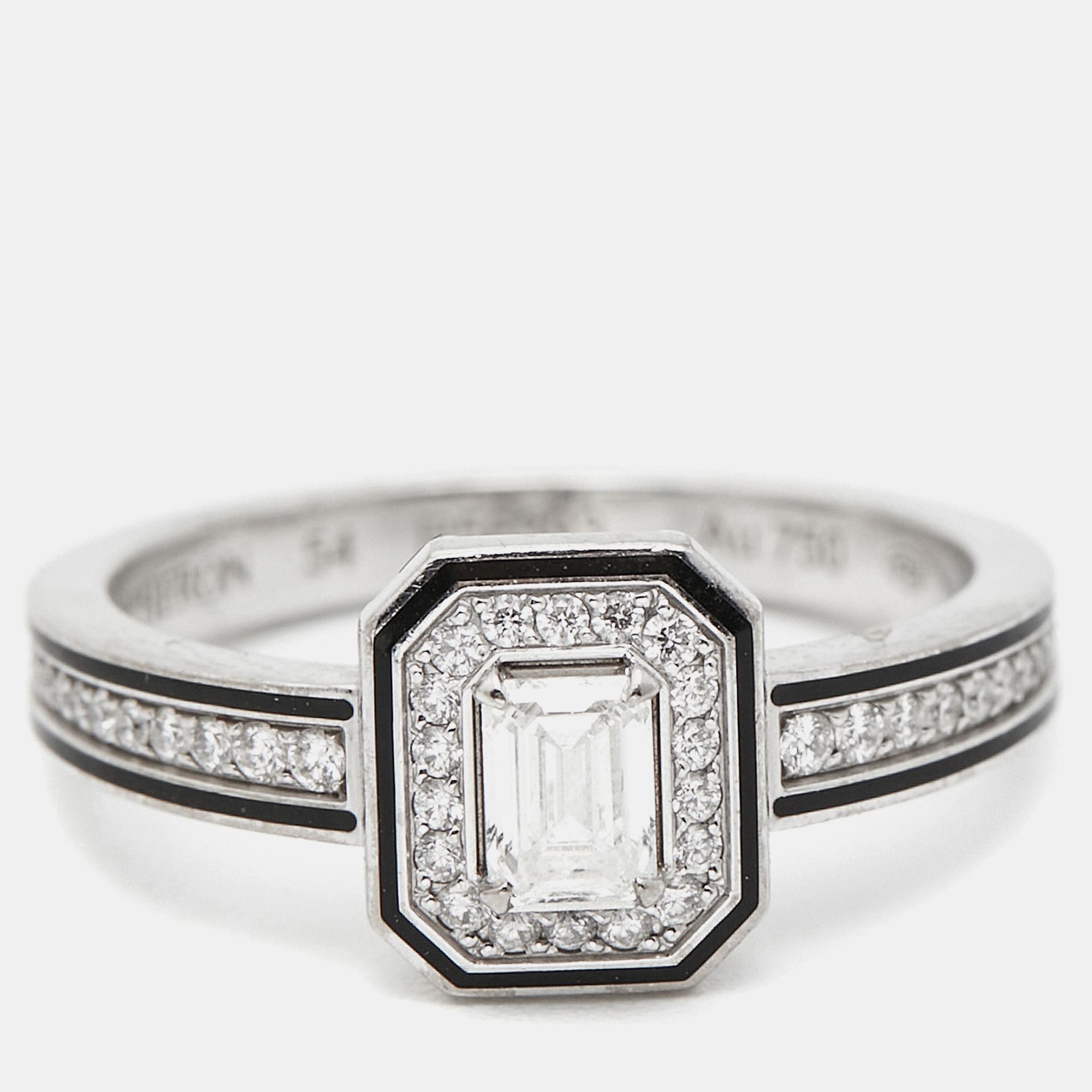  Boucheron Vendôme liseré Diamonds Black Lacquer 18k White Gold Ring Size 54