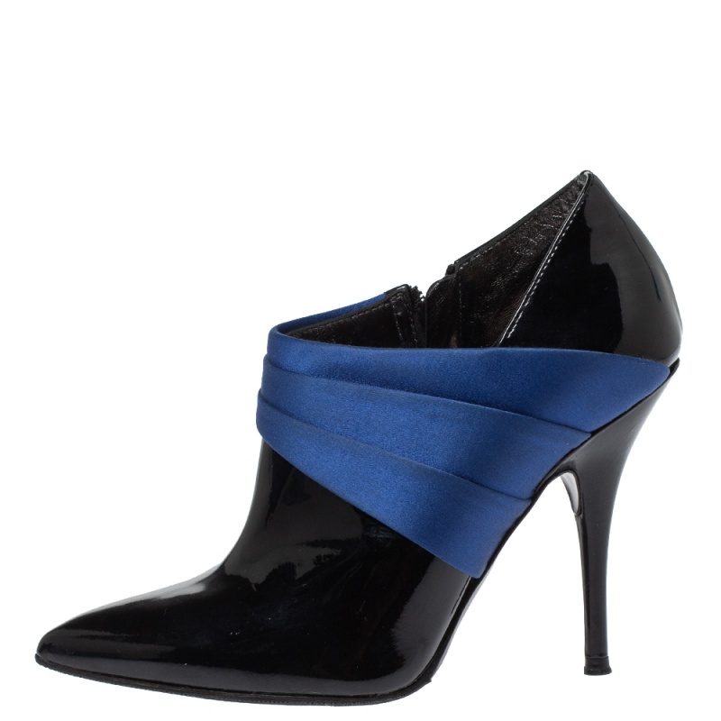 Casadei Black/Blue Pleated Satin and Patent Leather Ankle Booties Size 35