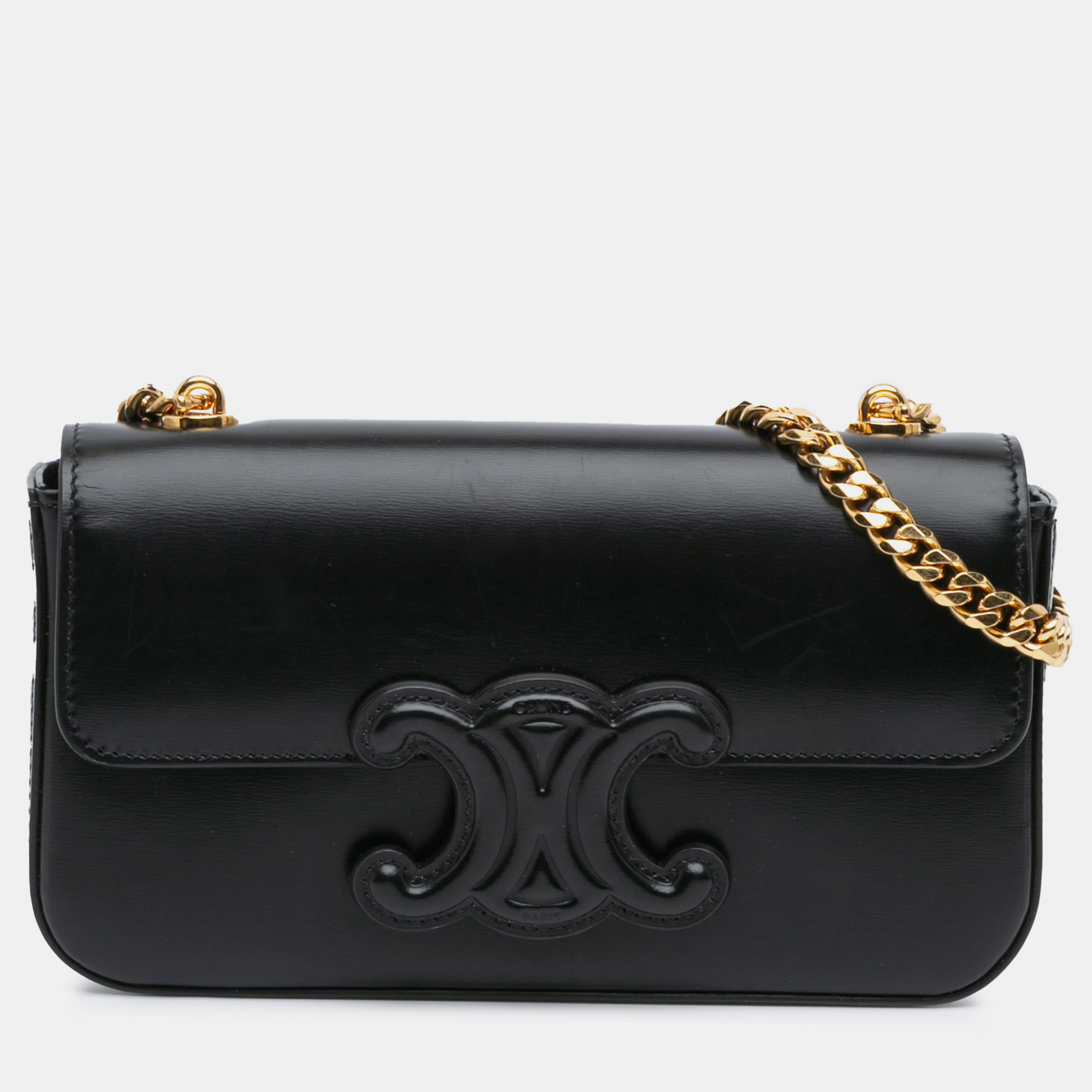 Celine Black Shiny Calfskin Triomphe Claude Chain Shoulder Bag