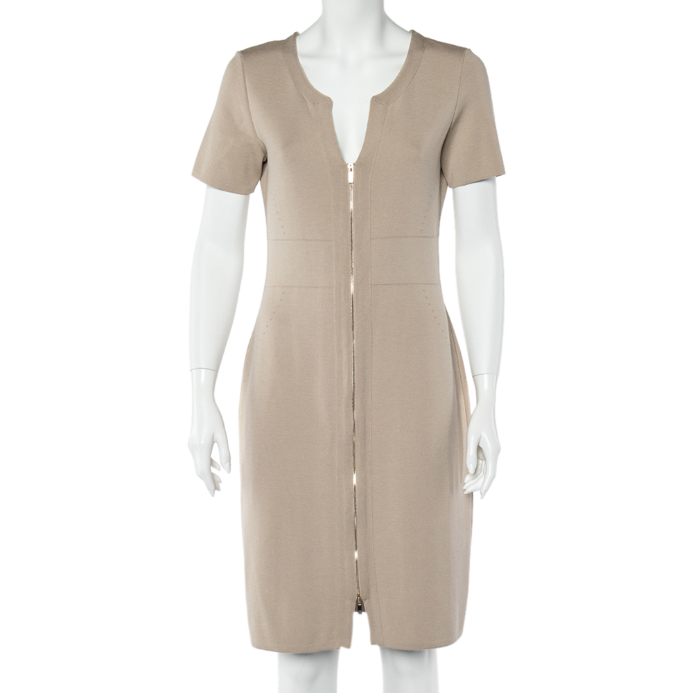 CH Carolina Herrera Beige Knit Zip Front Fitted Dress M