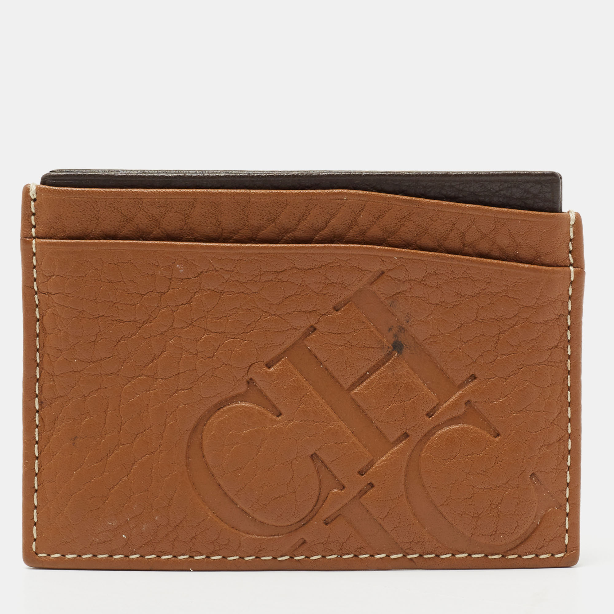 CH Carolina Herrera Tan Monogram Embossed Leather Card Holder