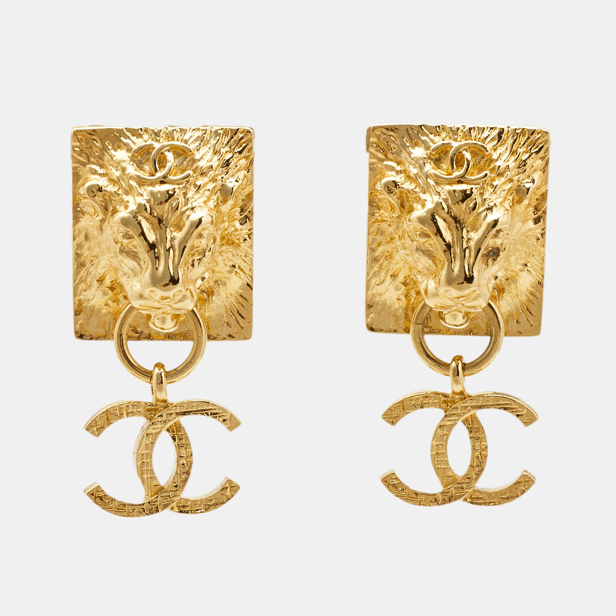 Chanel CC Lion Head Gold Tone Drop Earrings