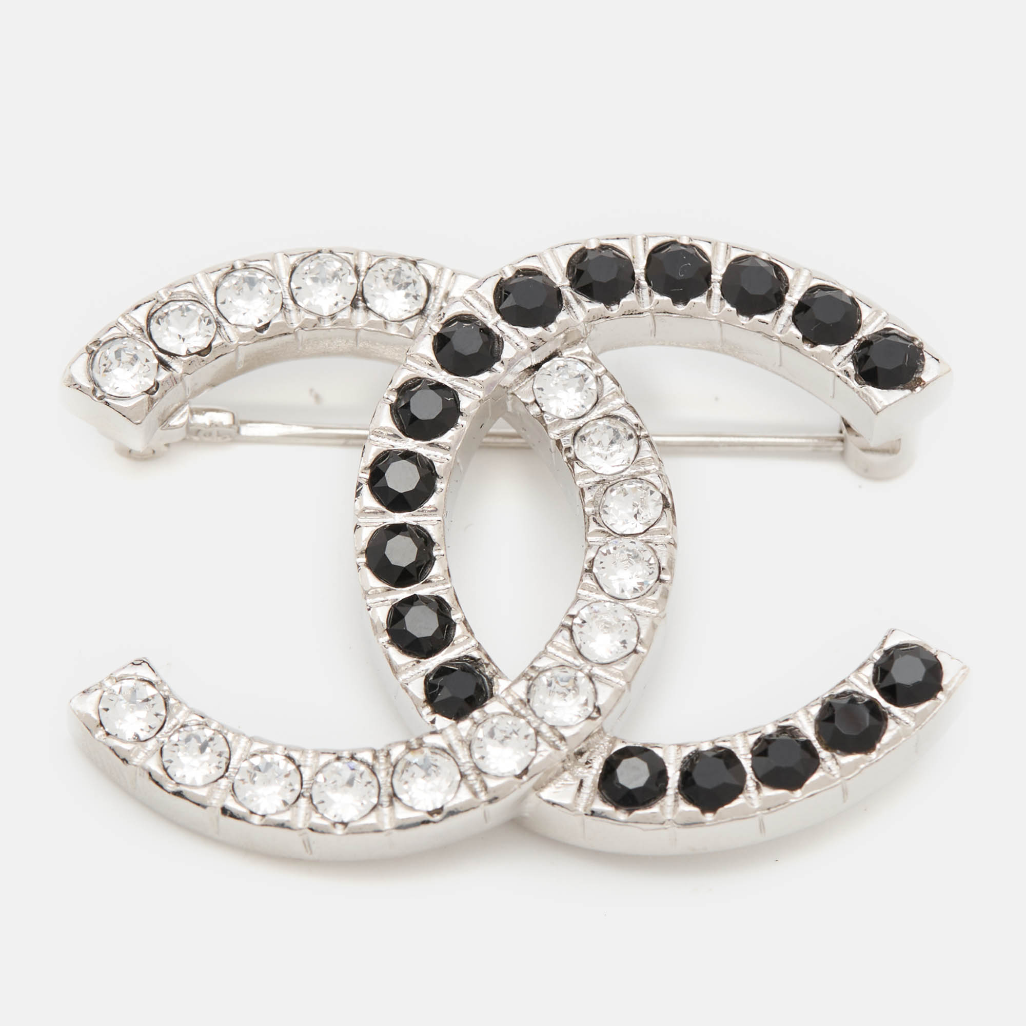 Chanel CC Crystals Silver Tone Brooch