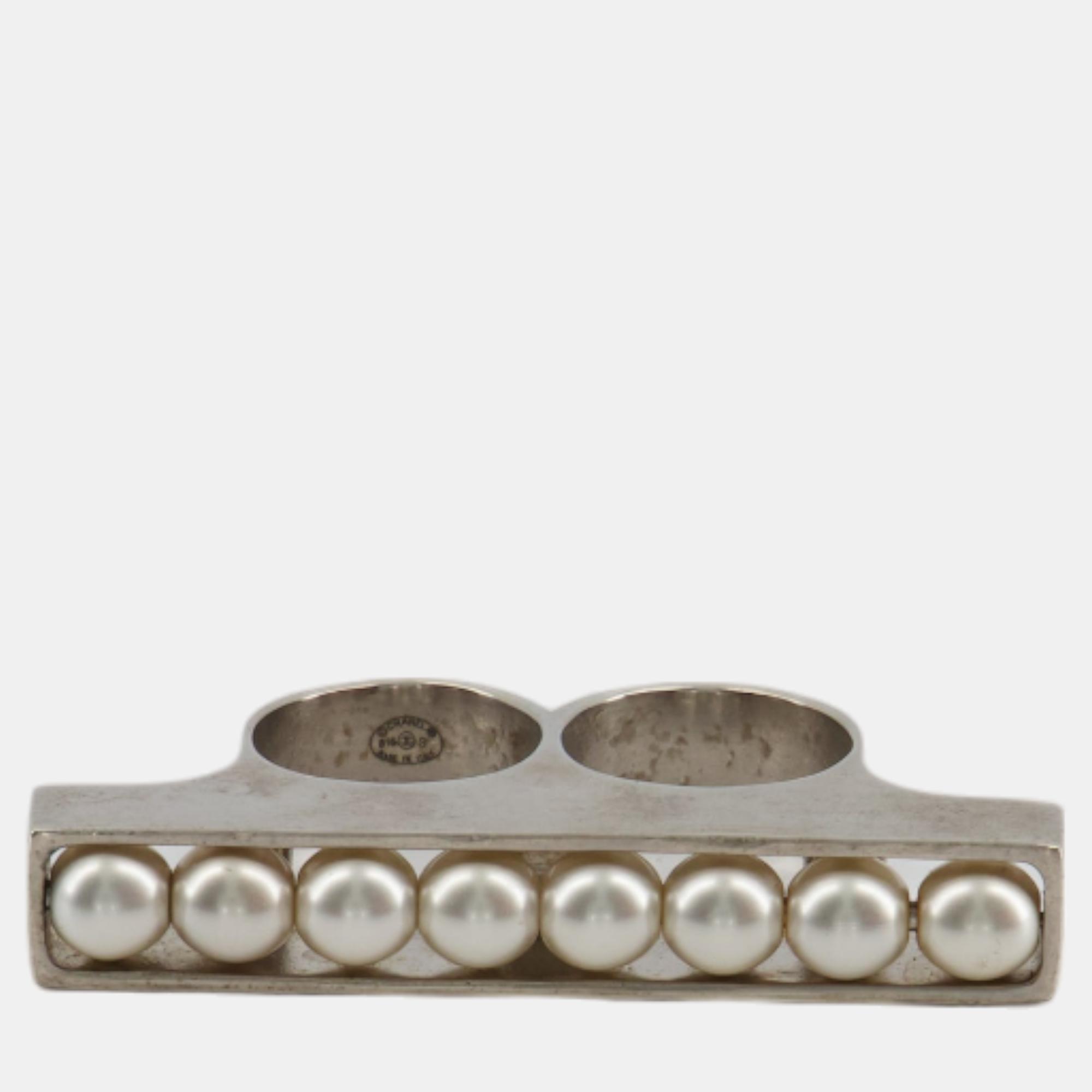 Jewelry Chanel Double Pearl Ring with Silver Hardware