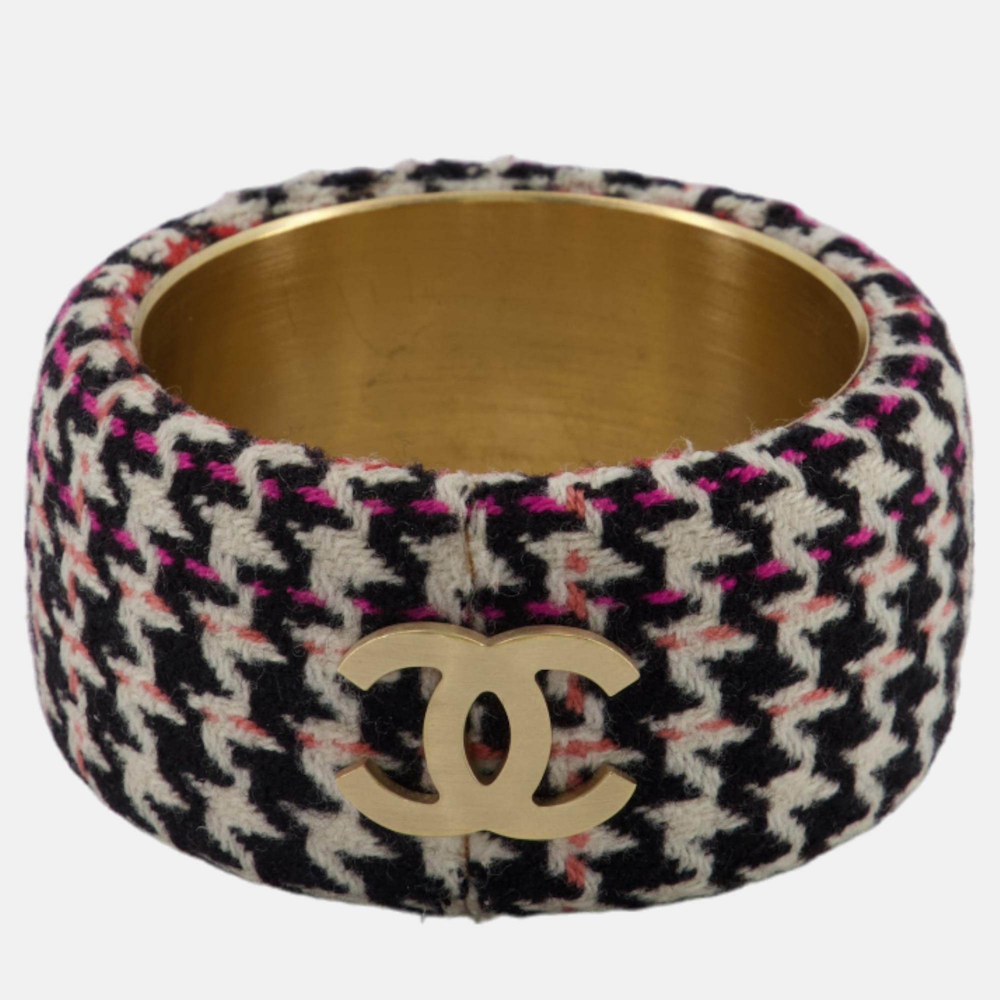 Jewelry Chanel Tweed Bangle with Champagne Gold Hardware with CC Logos