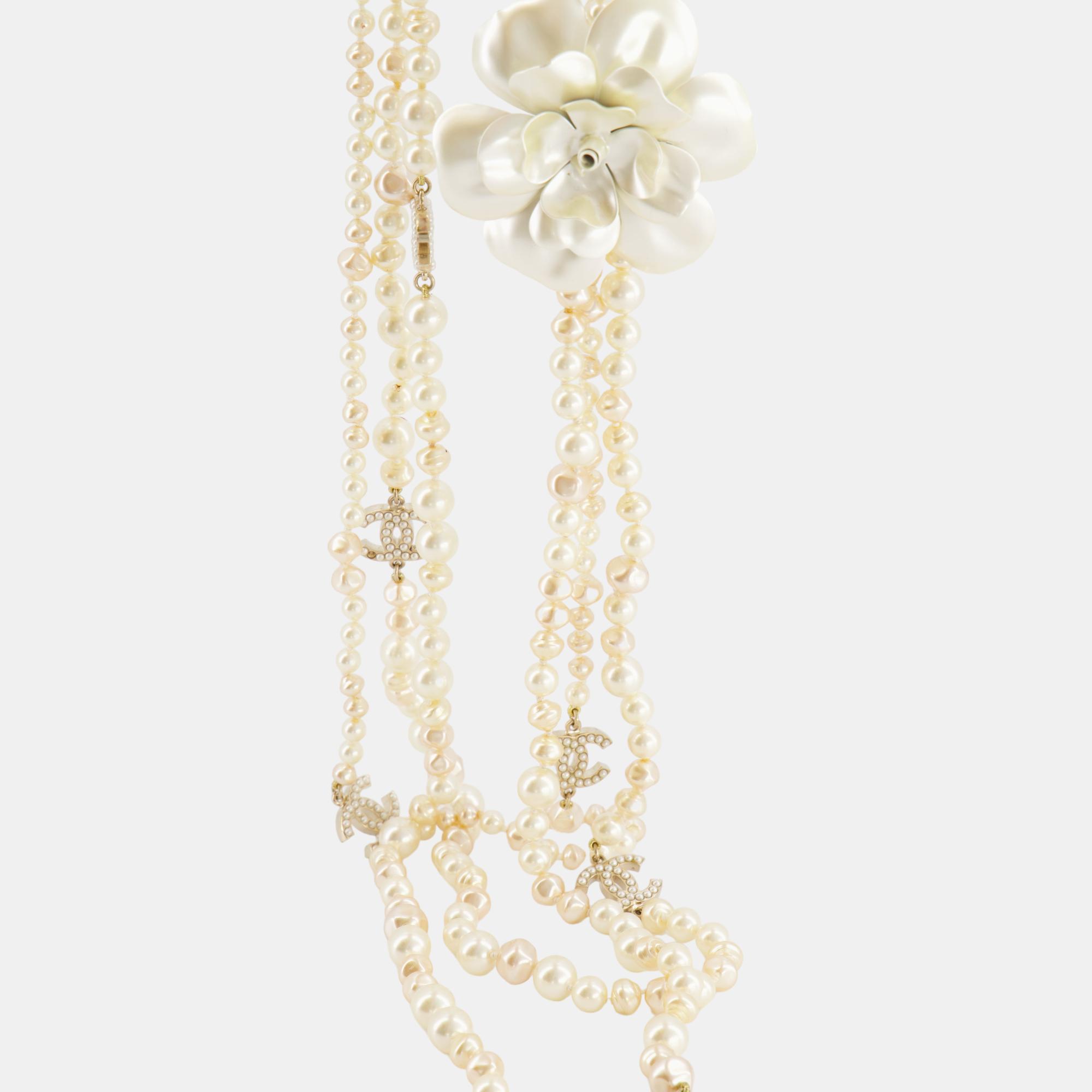 Jewelry  The Luxury Closet Chanel White Pearls with Gold CC Logo Details and Camelia Flower Necklace