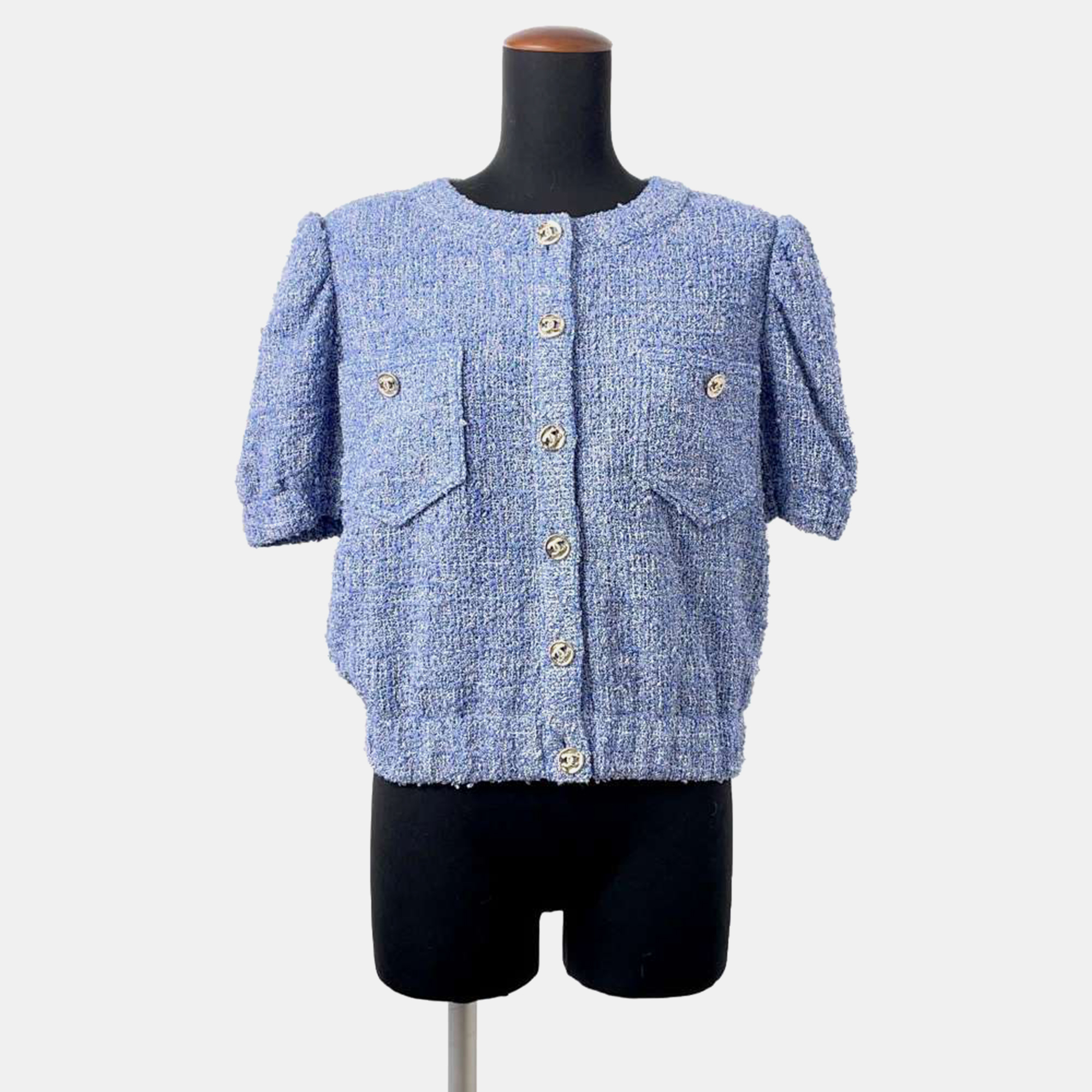 Chanel Setup Short Sleeve Jacket Size 36 Blue Tweed