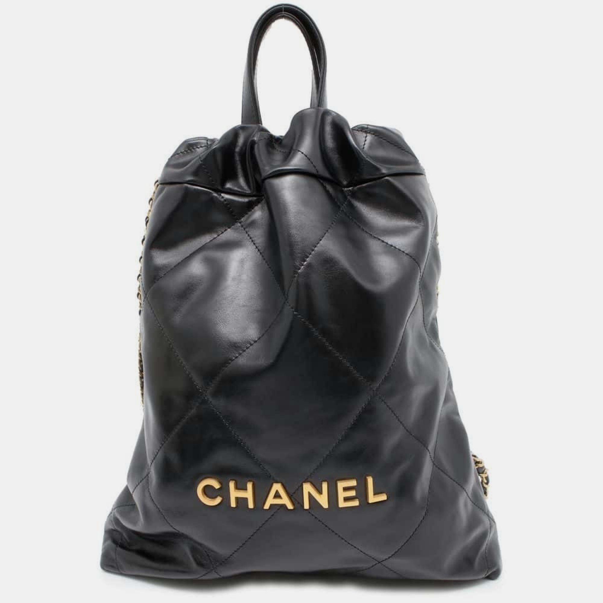 Chanel Black Shiny Calf Leather Backpack 22