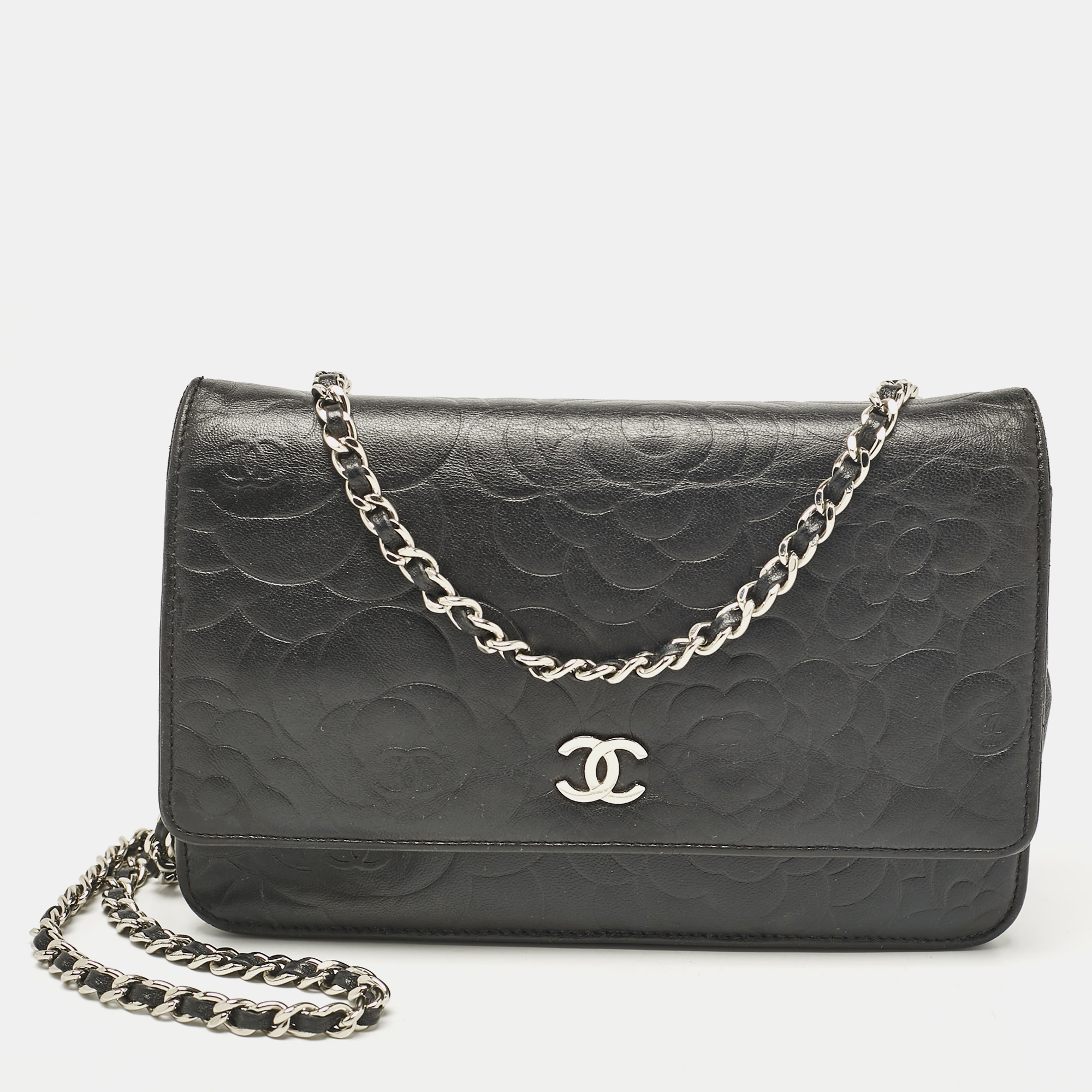 Chanel Black Camellia Embossed Leather Wallet On Chain