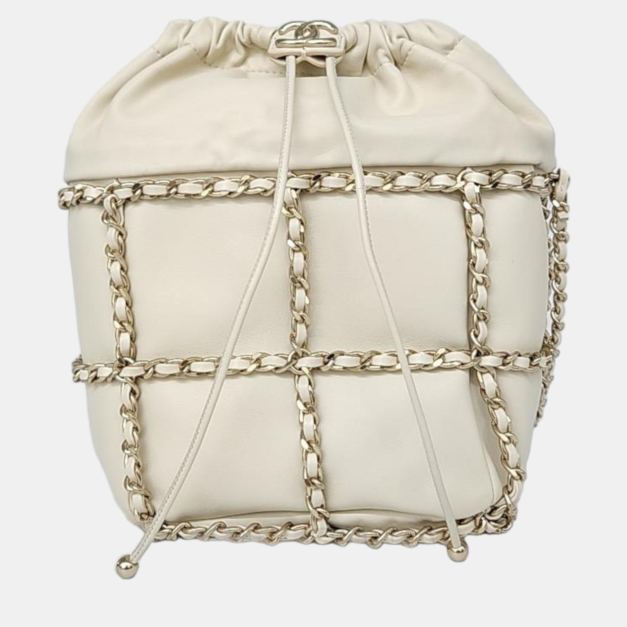 Chanel Beige Leather Bucket Chain Drawstring CC Shoulder Bag