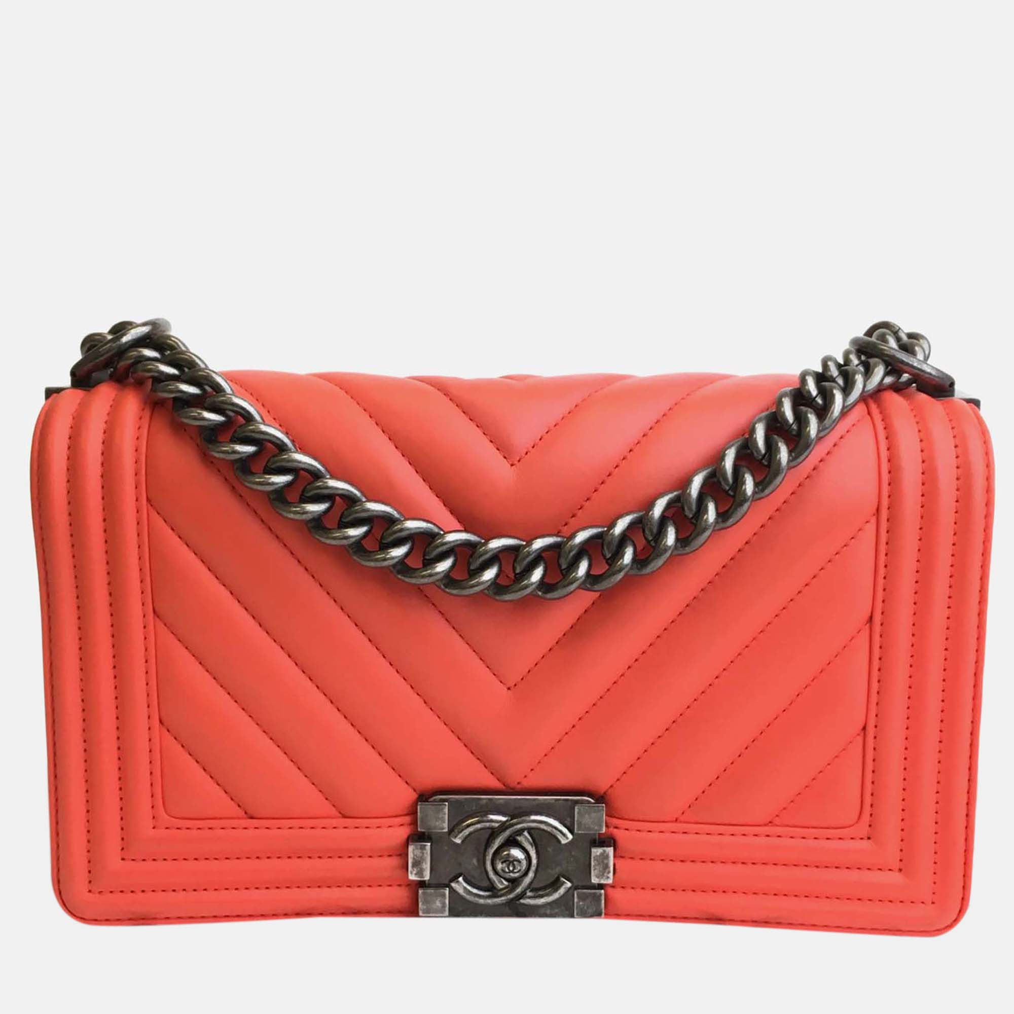 Chanel Orange Leather Medium Boy Shoulder Bag