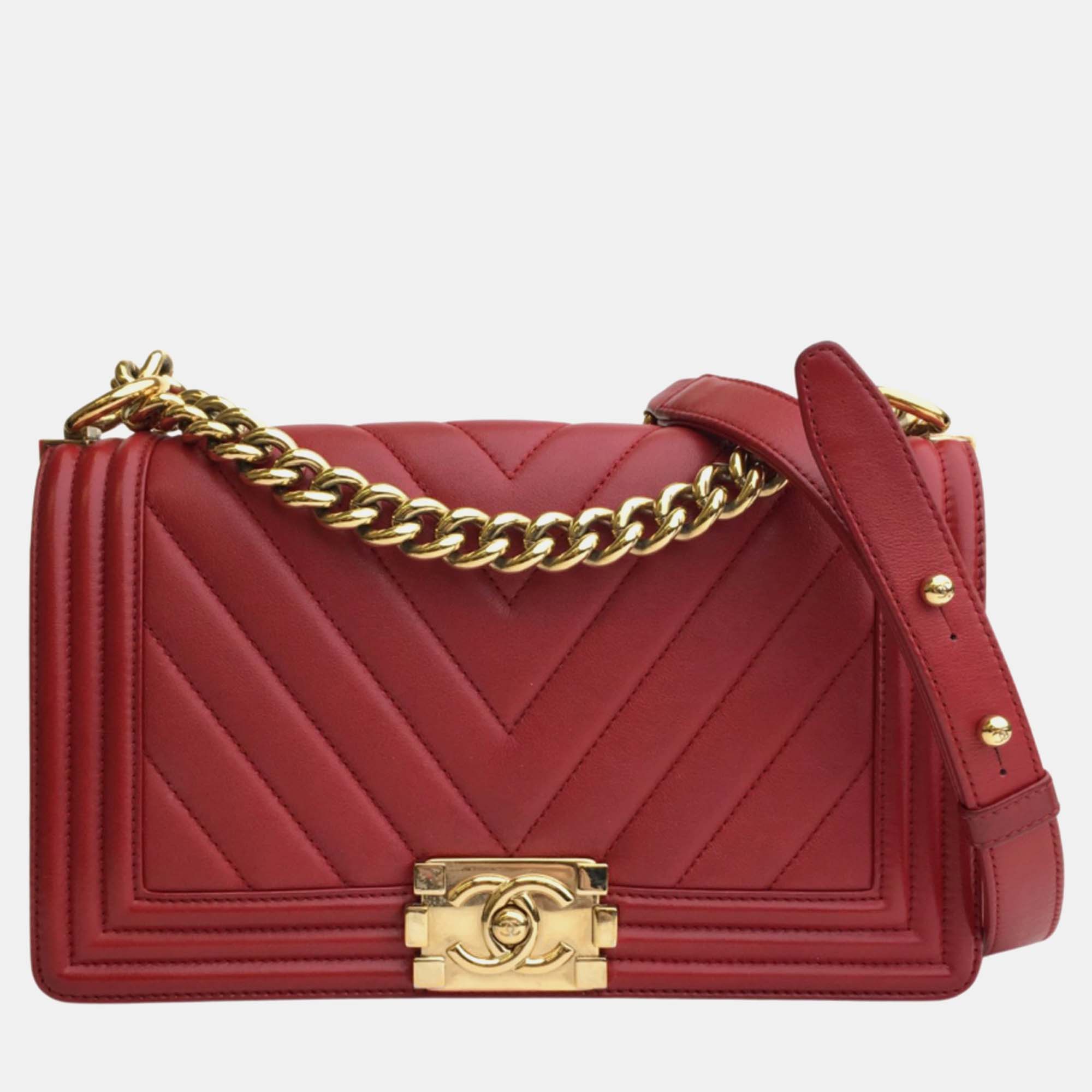 Chanel Red Leather Medium Boy Shoulder Bags