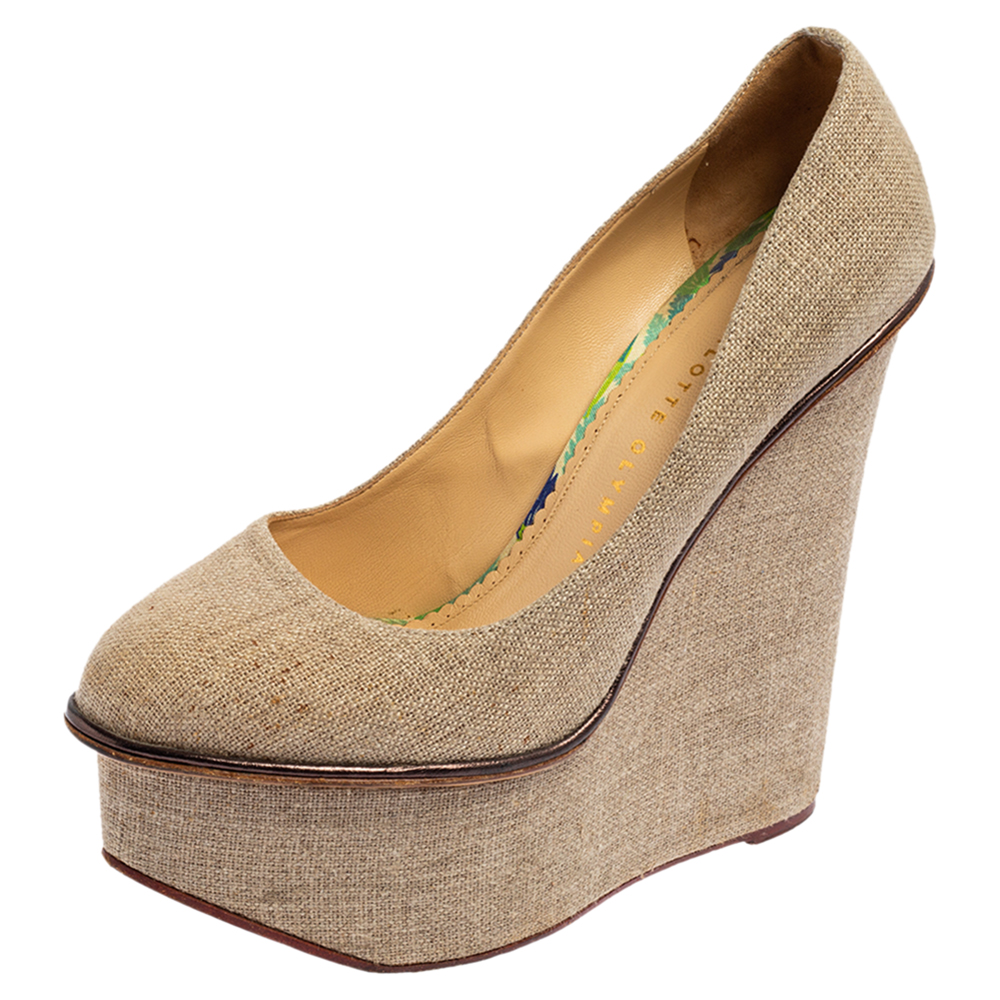 Charlotte Olympia Dark Beige Canvas Carmen Wedge Pumps Size 38