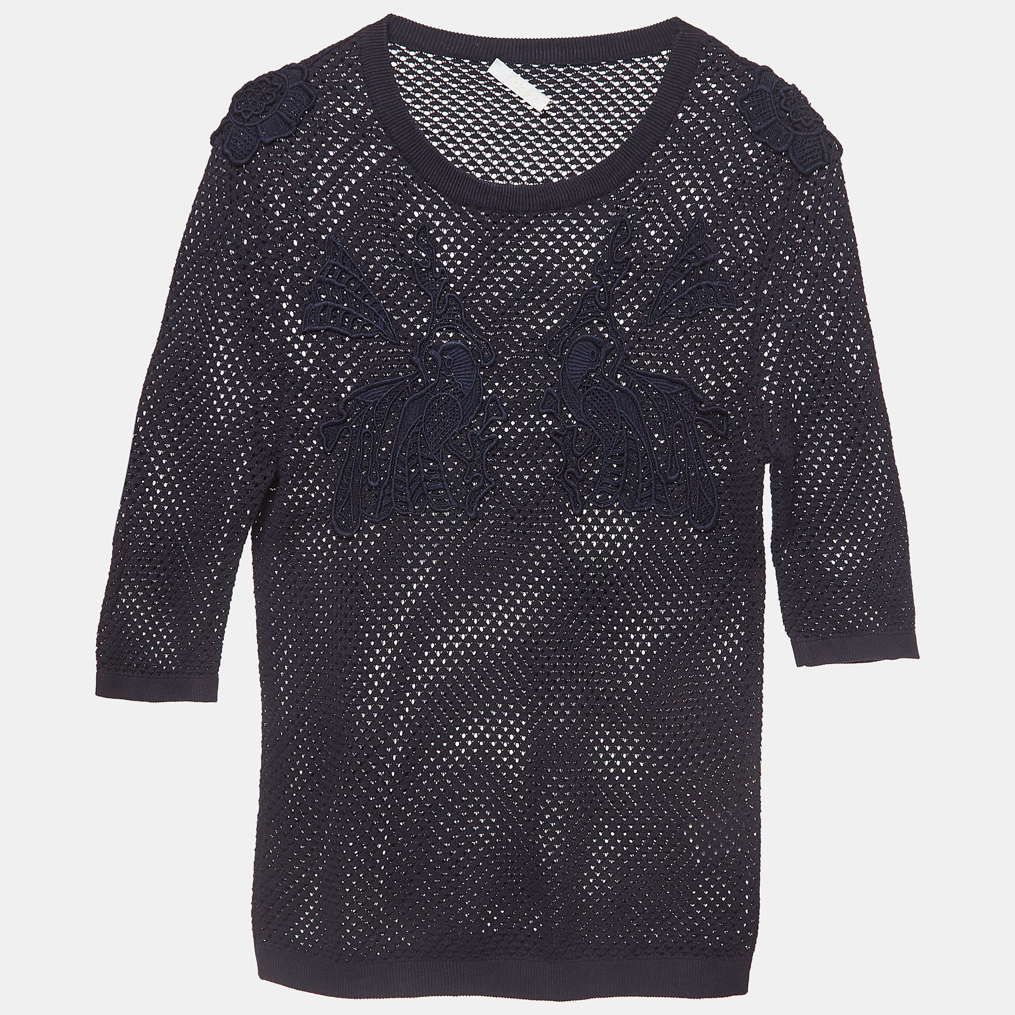 Chloé Navy Blue Applique Detail Cotton Crochet Crew Neck T-Shirt M