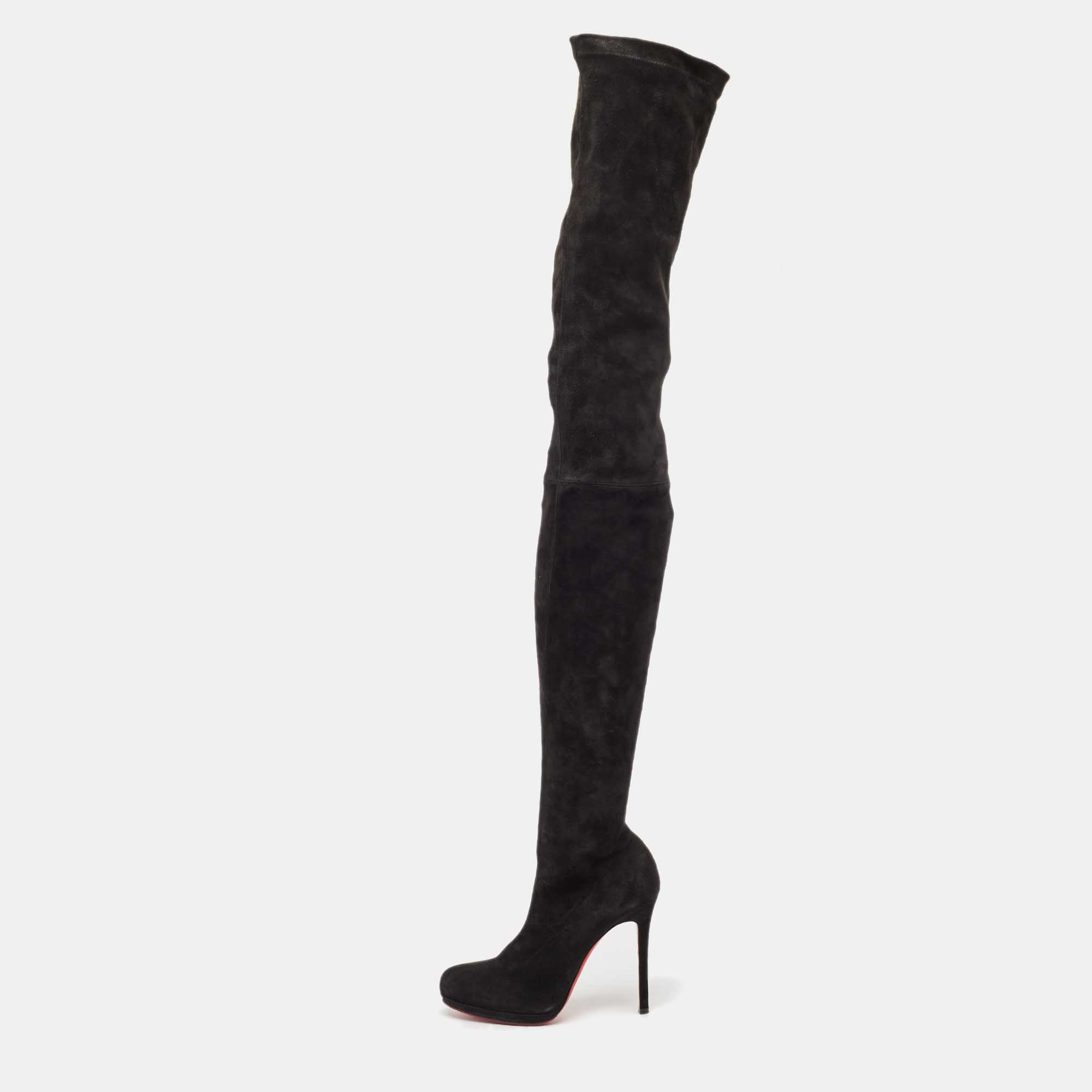 Christian Louboutin Black Suede  Knee Length Boots Size 38.5