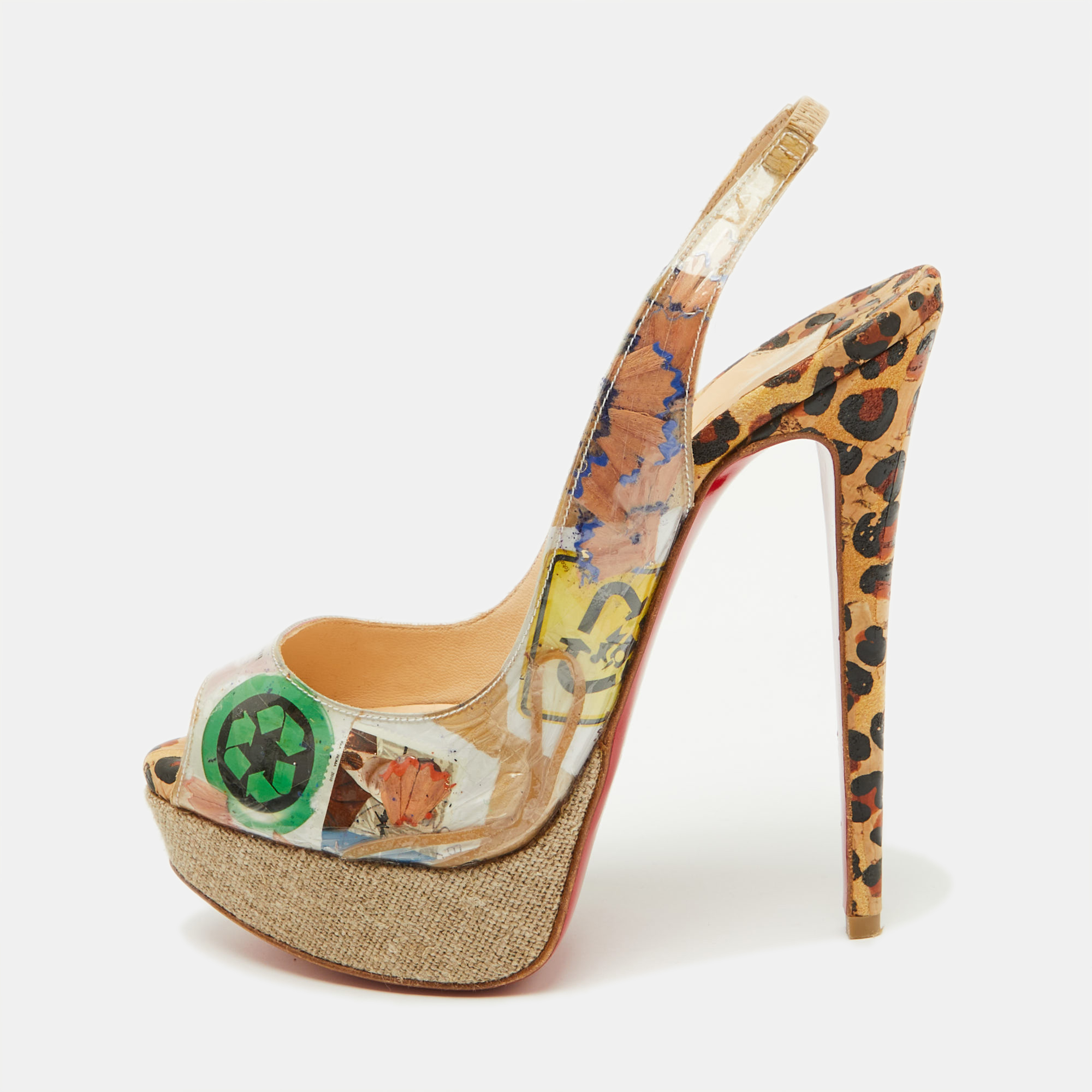 Christian Louboutin Multicolor PVC Eco Trash Peep Toe Platform Slingback Pumps Size 35.5