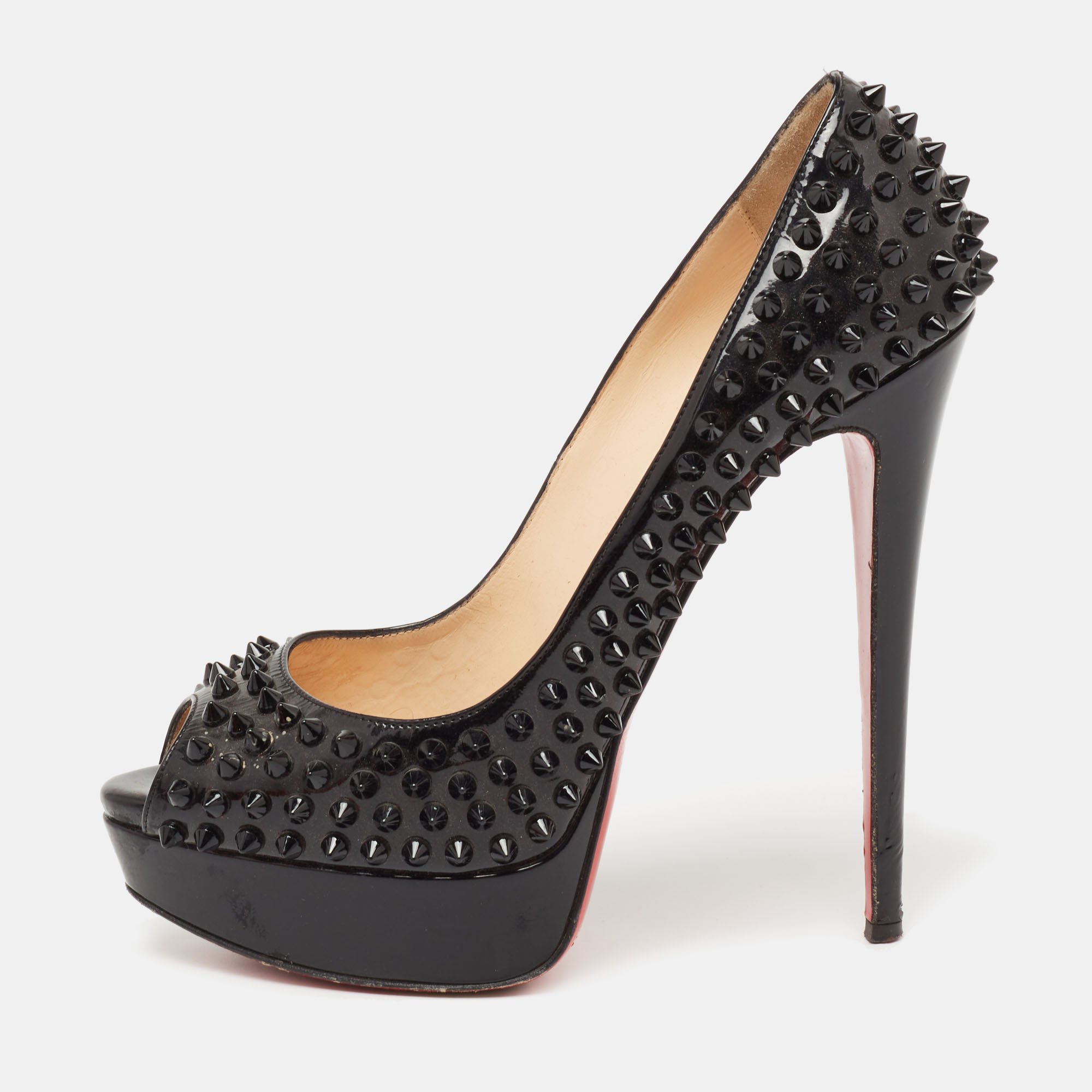 Christian Louboutin Black Patent Lady Peep Spikes Platform Pumps Size 39.5