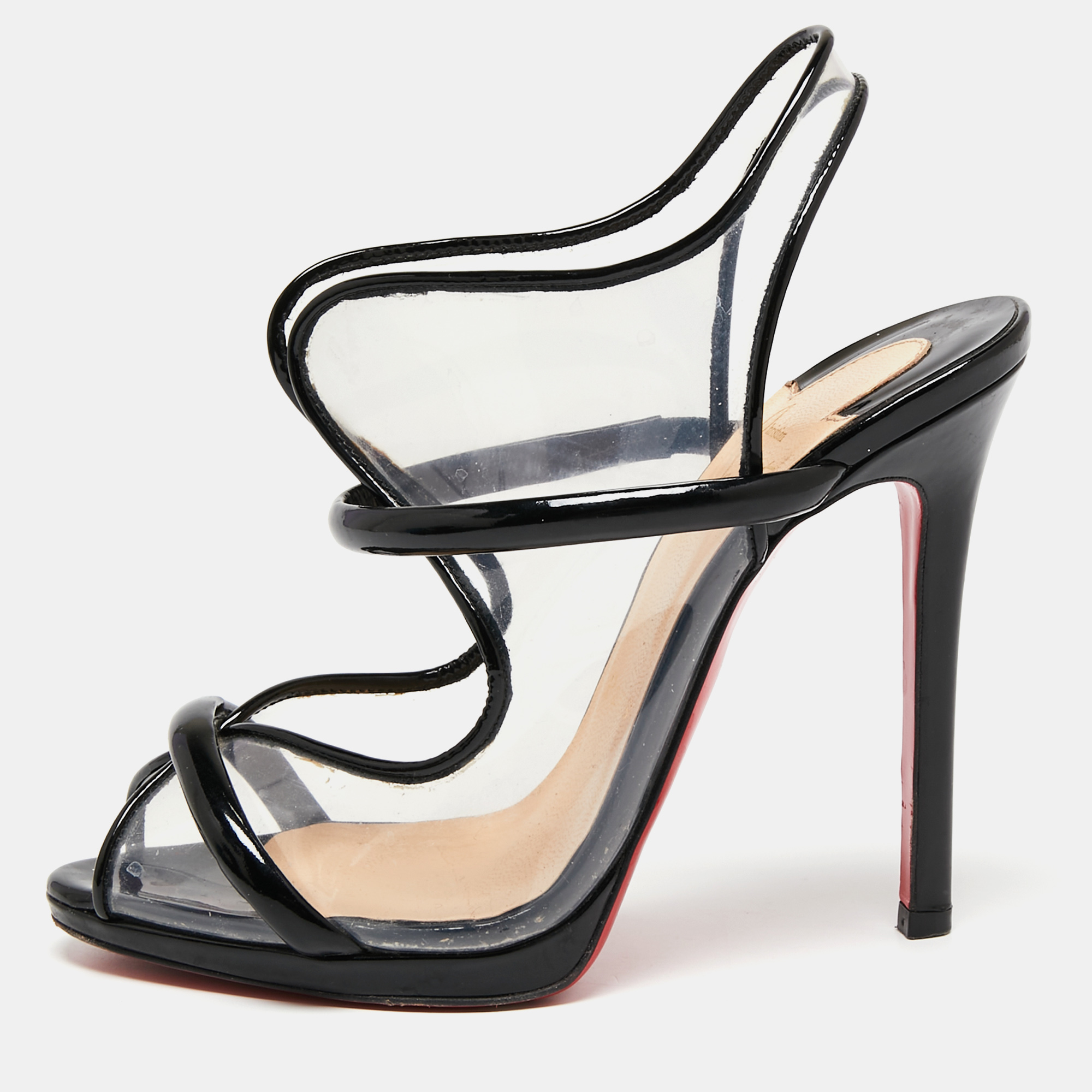 Christian Louboutin Black Patent Leather and PVC Aqua Ronda Slingback Sandals Size 36.5