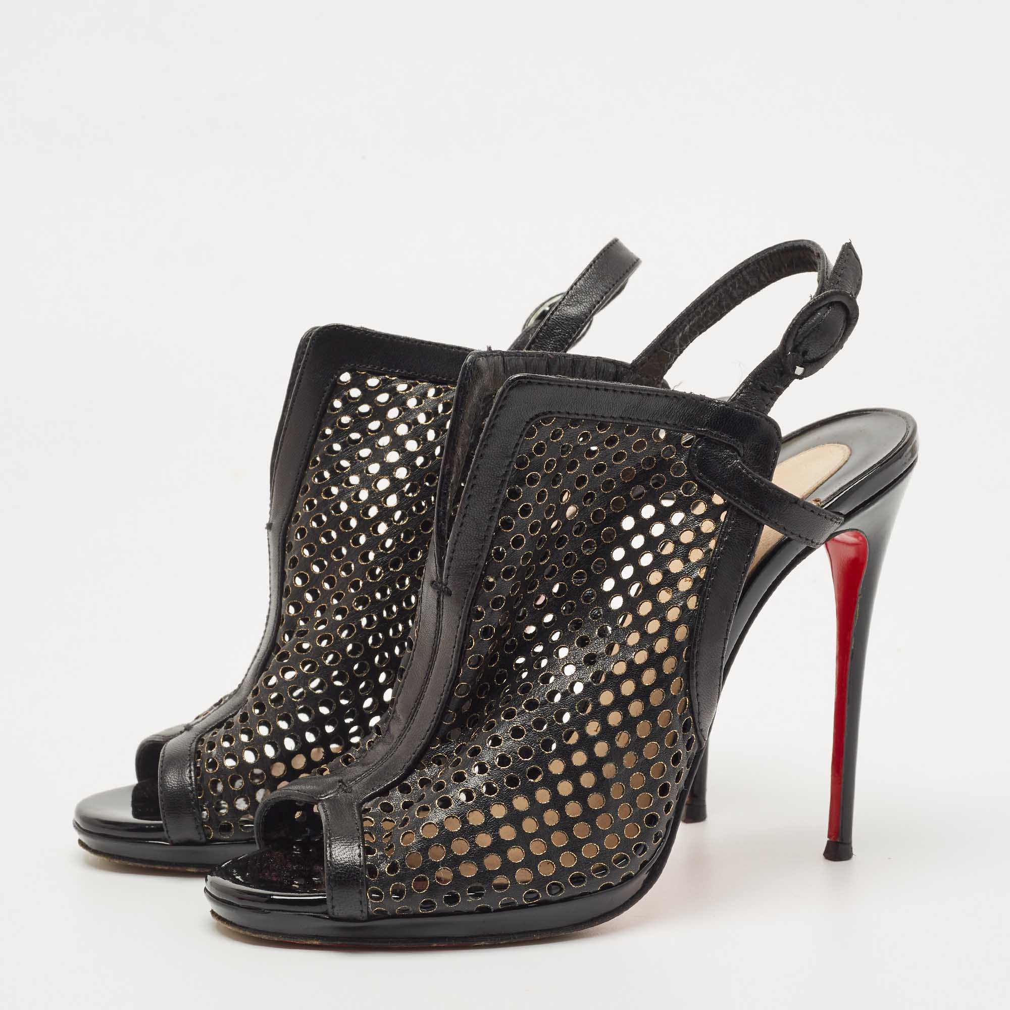   The Luxury Closet Christian Louboutin Black Laser Cut Leather Escriminette Sandals Size 37