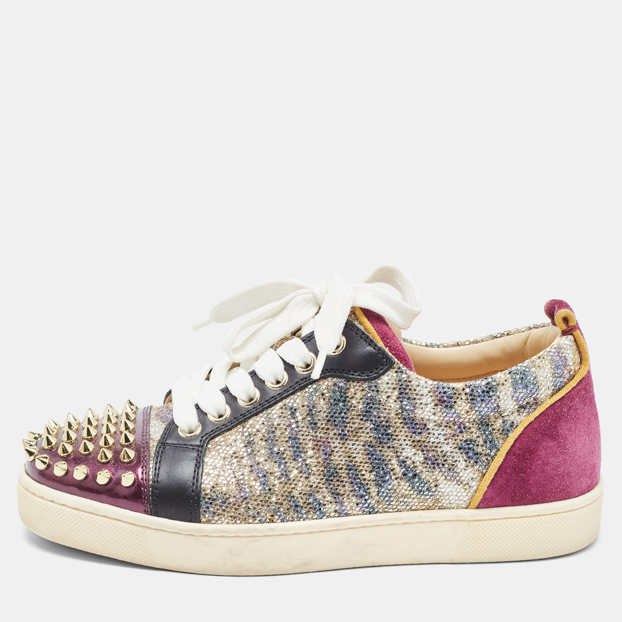 Christian Louboutin Multicolor Leather and Glitter Spikes Louis Junior Sneakers Size 35