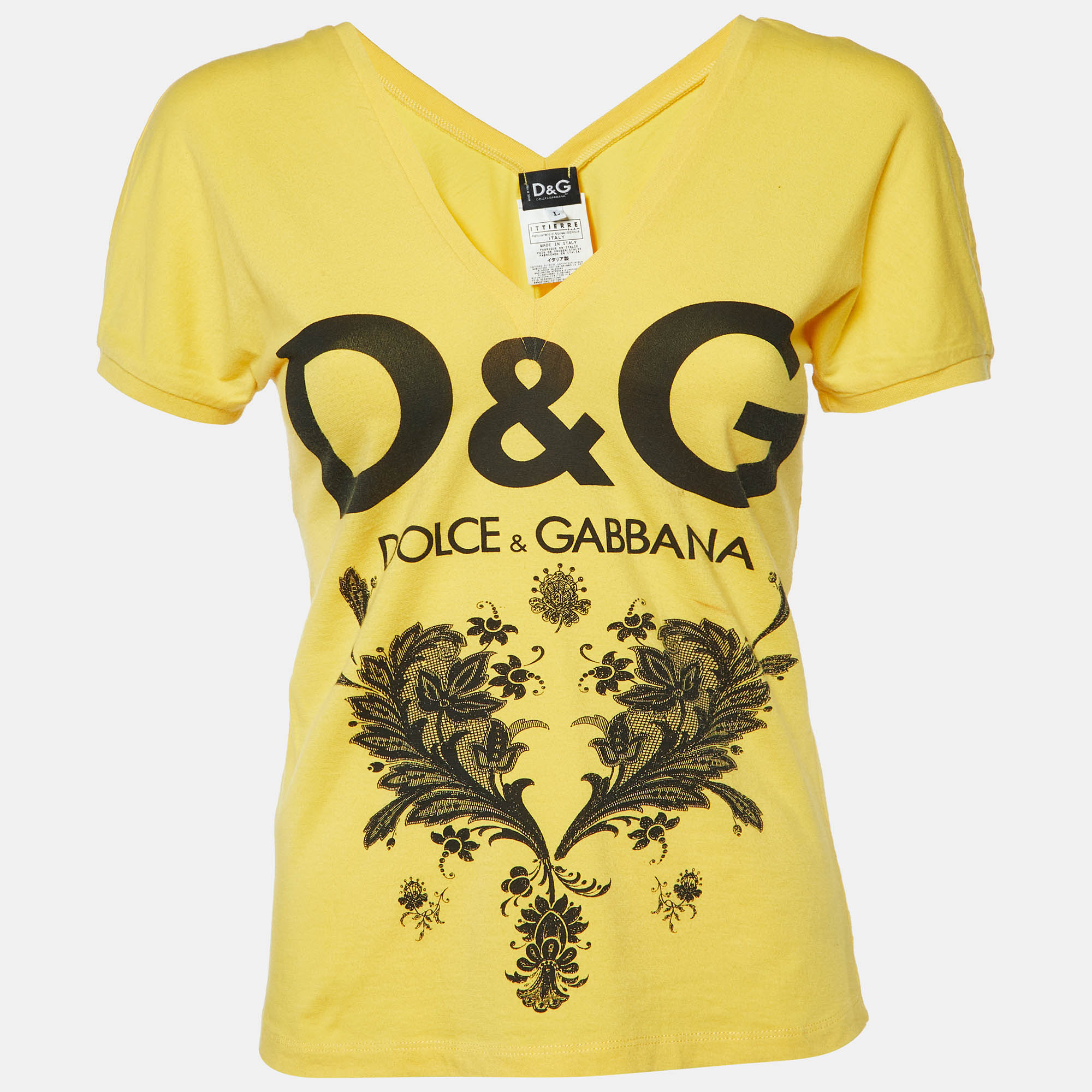 D&G Yellow Printed Cotton V-Neck T-Shirt L