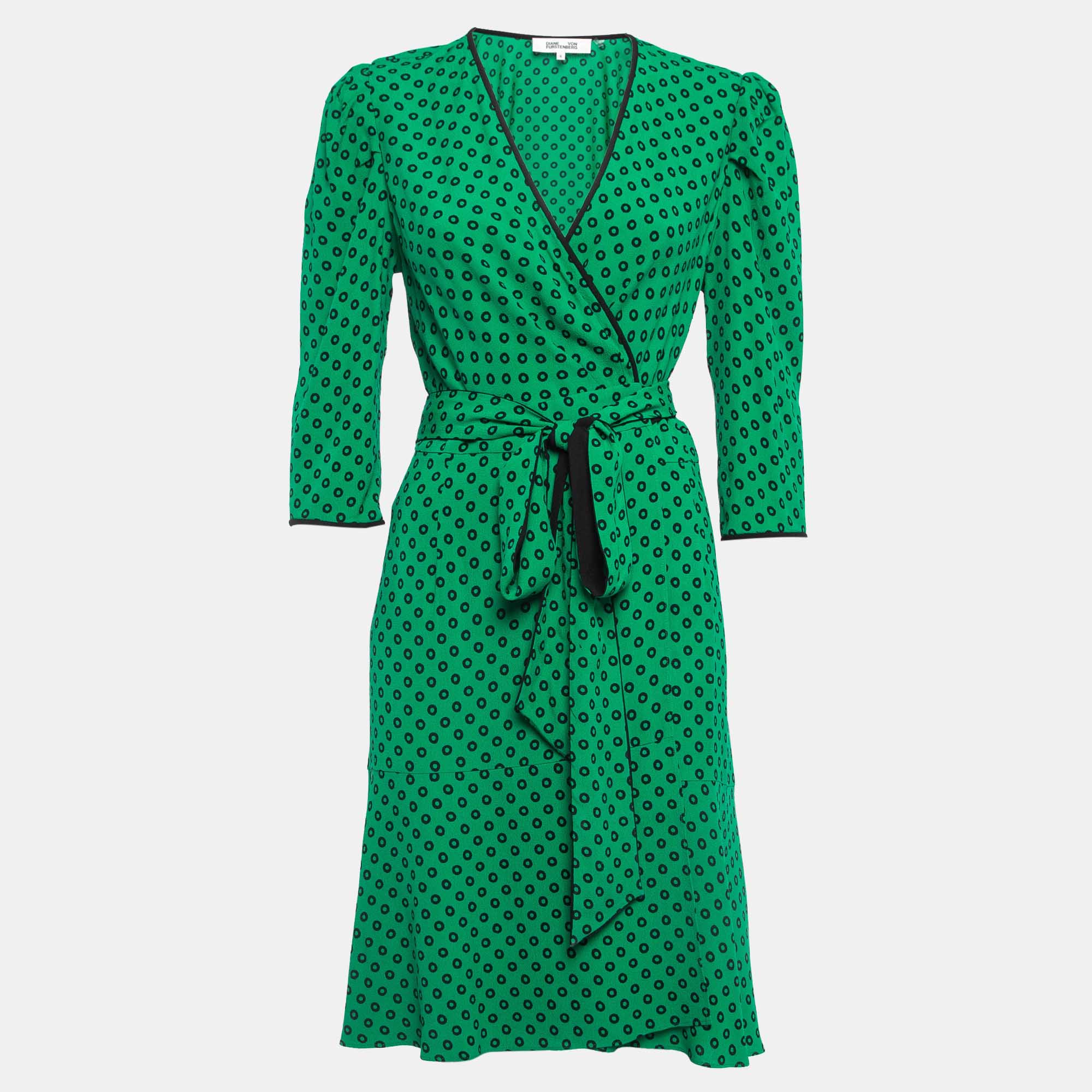 Diane Von Furstenberg Green Printed Crepe Wrap Short Dress M