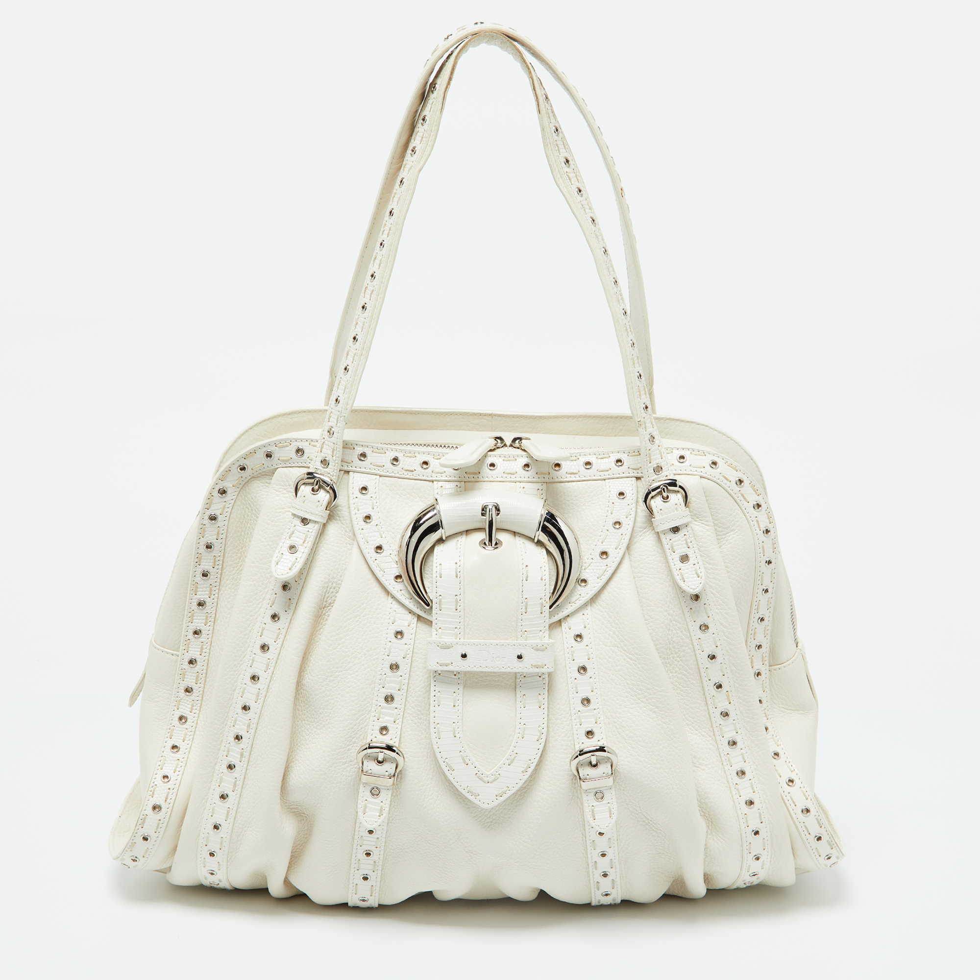 Dior White Lizard and Leather Buckle Detail Zip Satchel