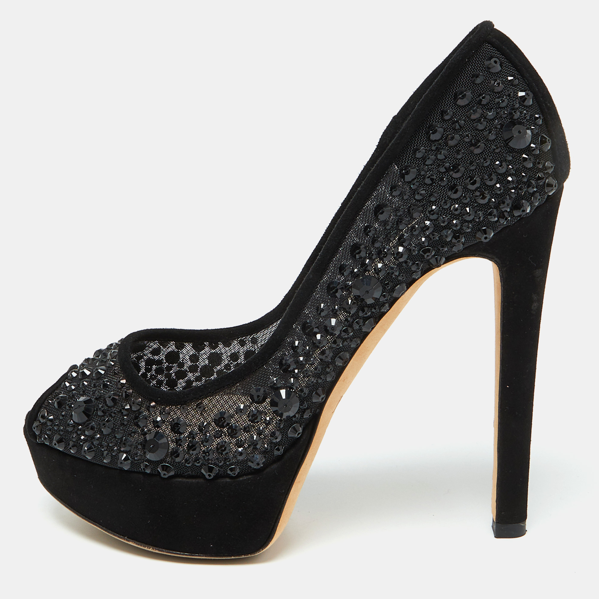 Dior Black Suede and Mesh Crystal Embellished Peep Toe Platform Pumps Size 36