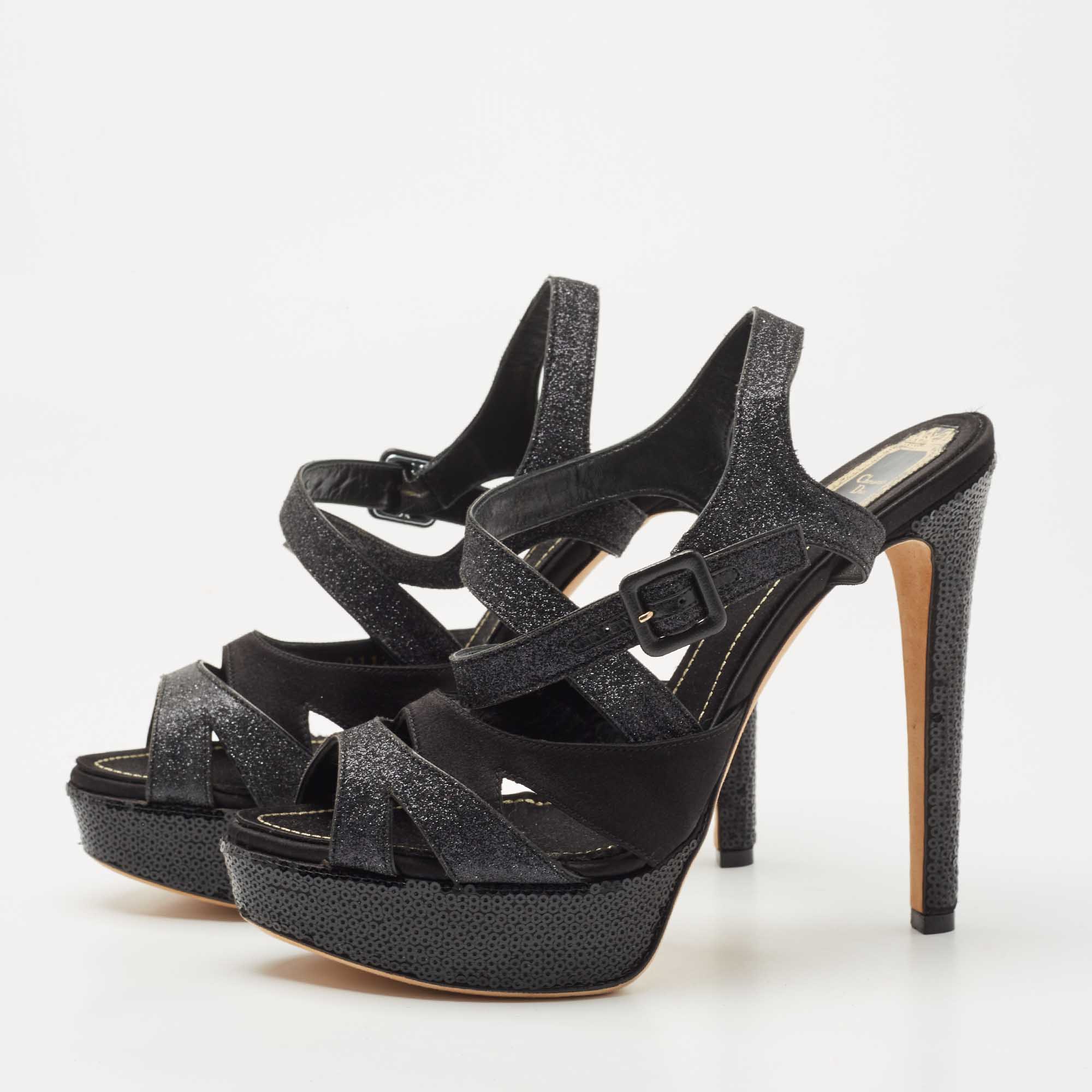  Dior Black Satin and Glitter Platform Ankle Strap Sandals Size 40