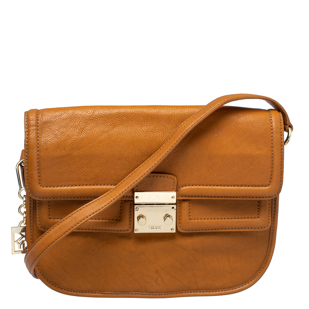 DKNY Tan Leather Push Lock Shoulder Bag