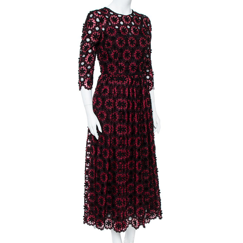 Dolce & Gabbana Black & Maroon Floral Lace Applique Midi Dress M