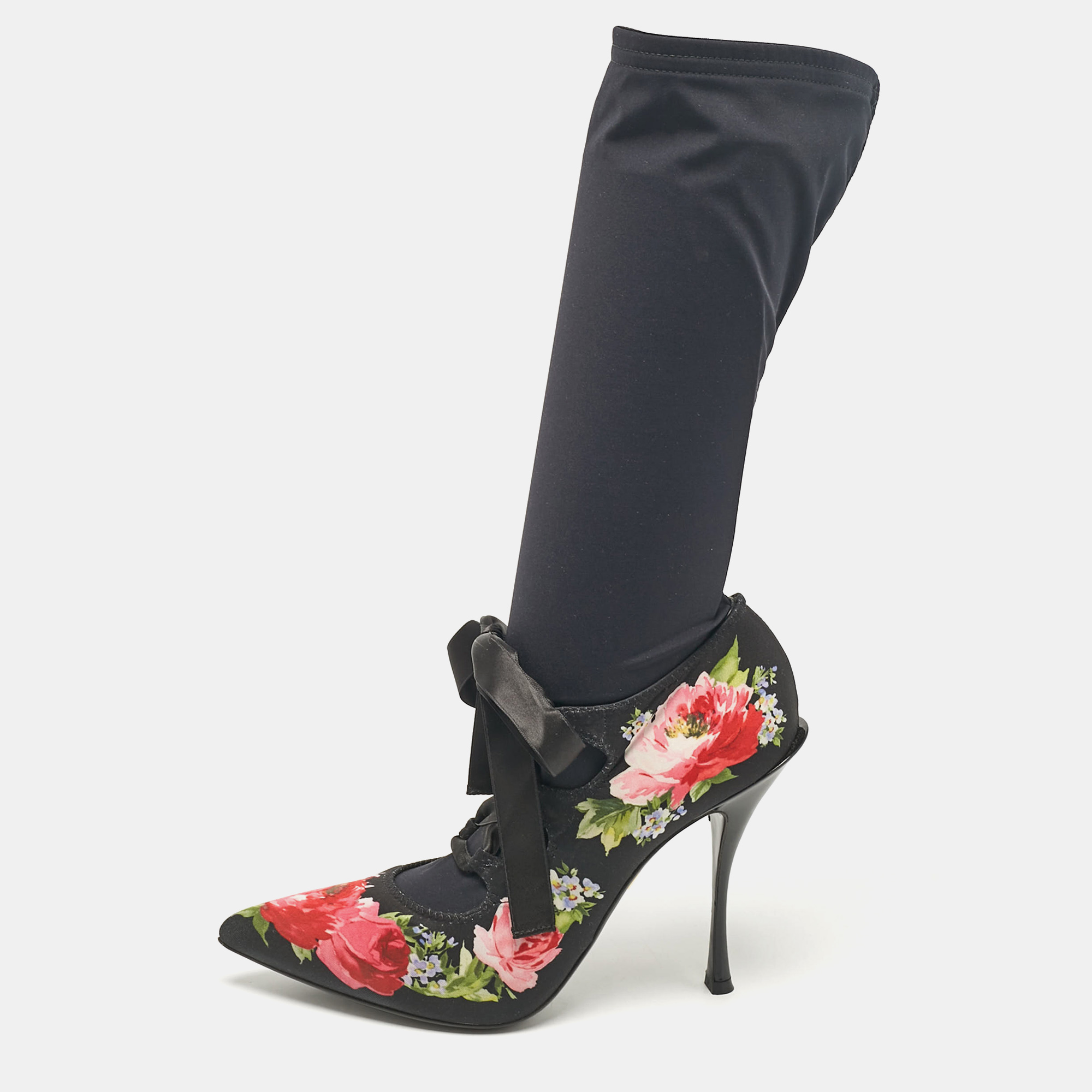 Dolce & Gabbana Multicolor Stretch Fabric Flower Embraided Boots Size 40