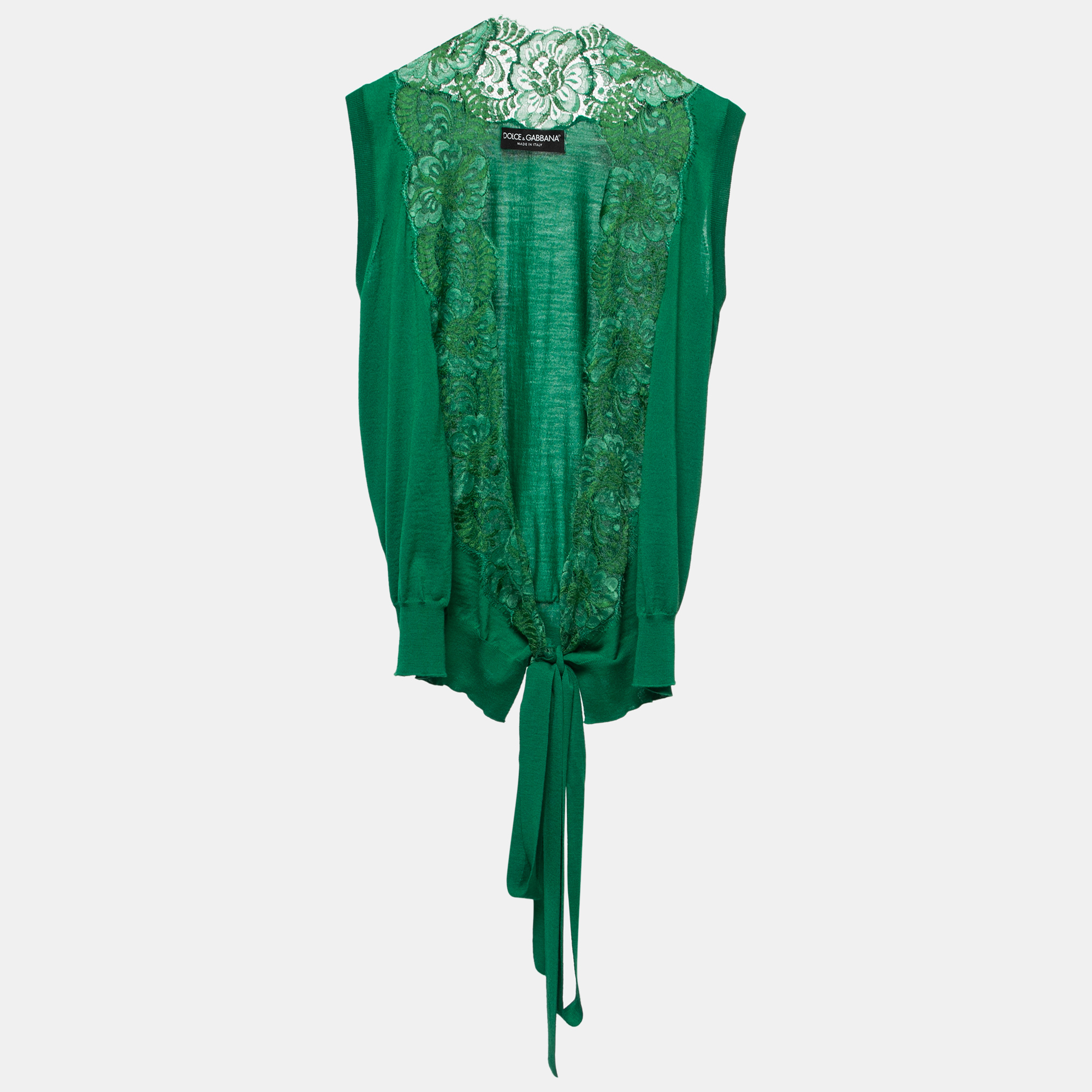 Dolce & Gabbana Green Wool & Lace Trimmed Sleeveless Wrap Top L