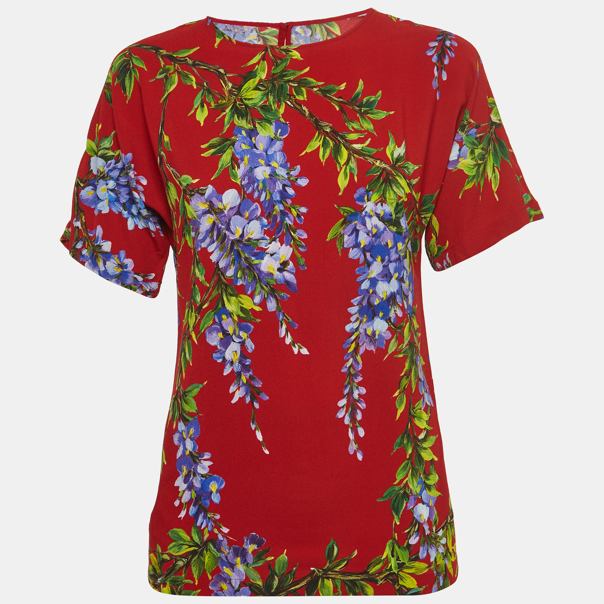 Dolce & Gabbana Red Floral Print Crepe Short Sleeve Blouse S