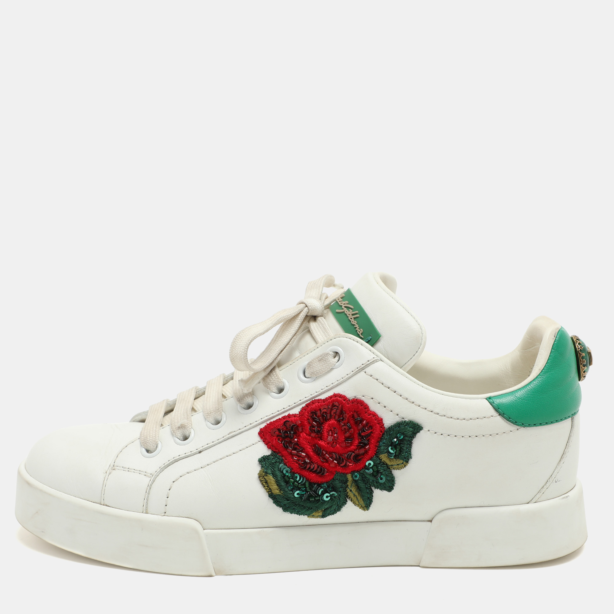 Dolce & Gabbana White/Green Leather Portofino Embellished Low Top Sneakers Size 37.5