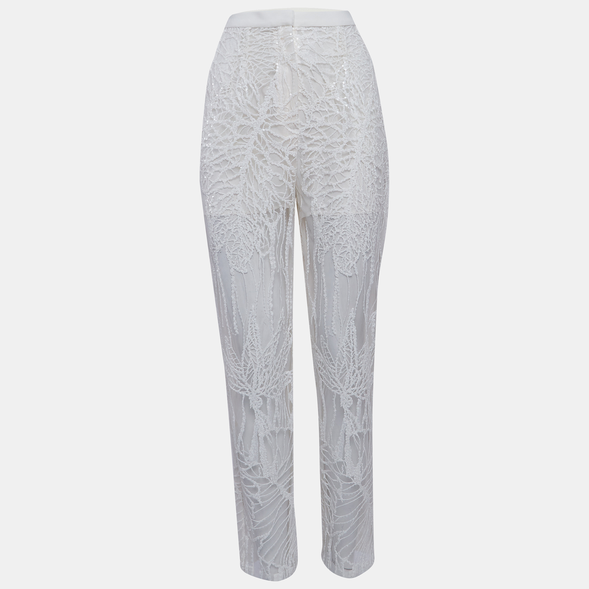 Elie Saab White Sequin Embroidered Tulle Straight Fit Trousers S