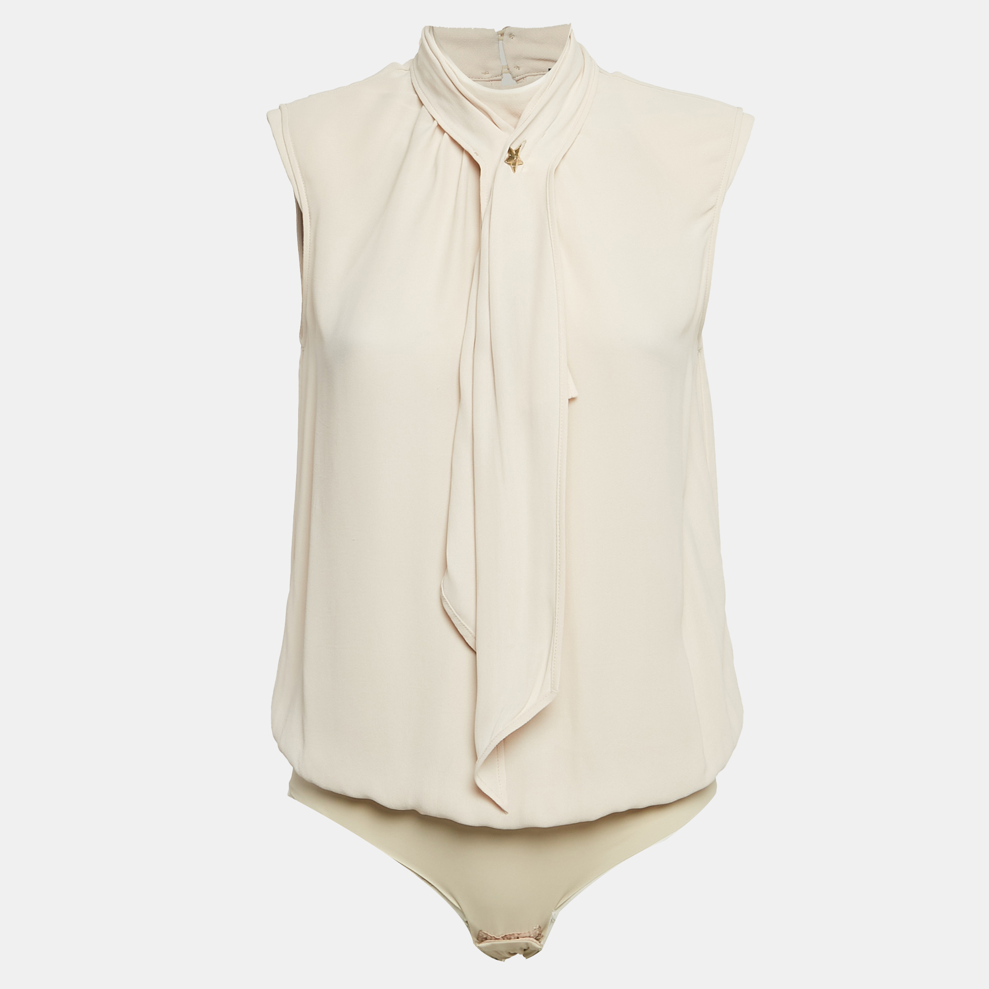 Elisabetta Franchi Cream Crepe Neck Bow Detail Bodysuit M