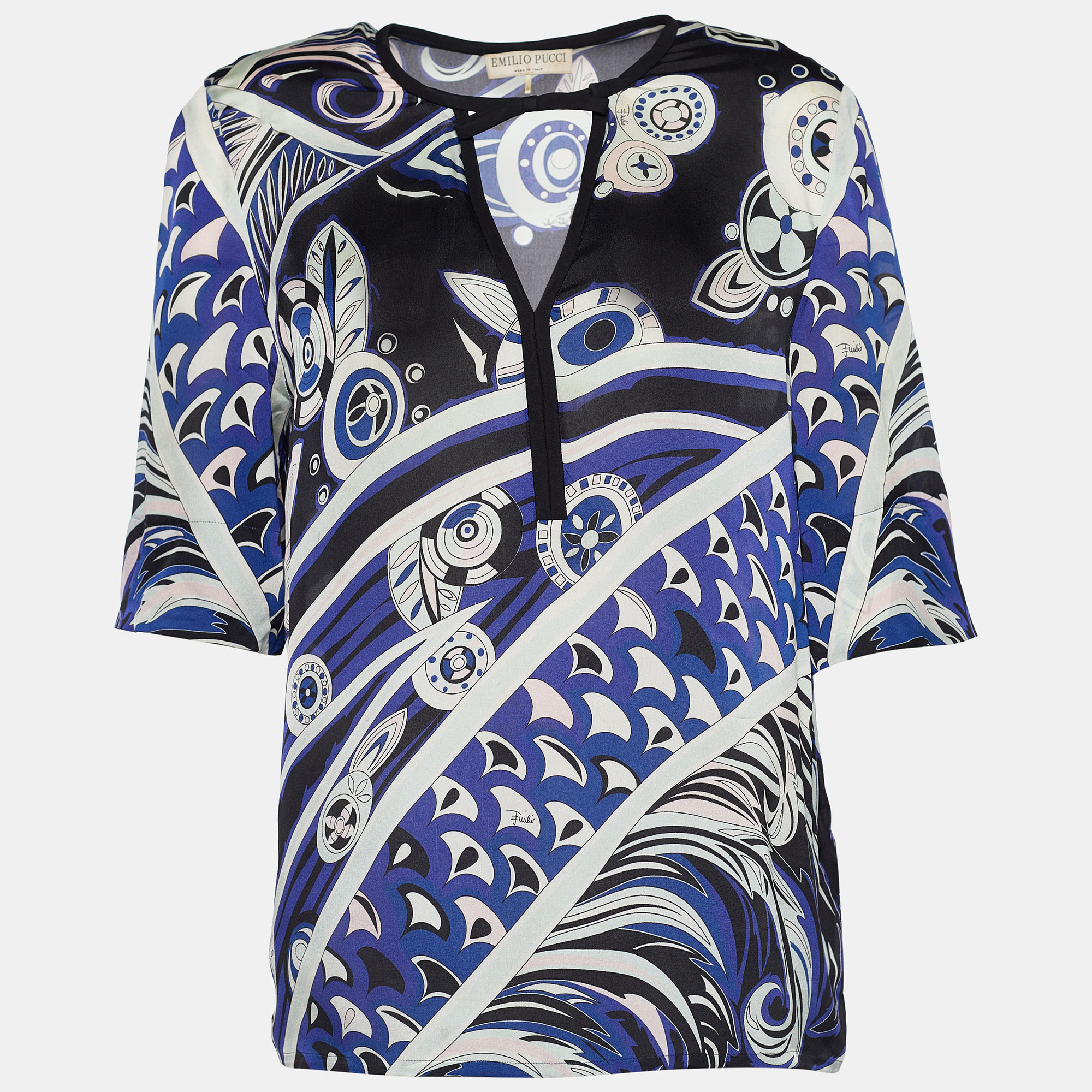 Emilio Pucci Purple Printed Silk Bow Neck Detail Blouse M