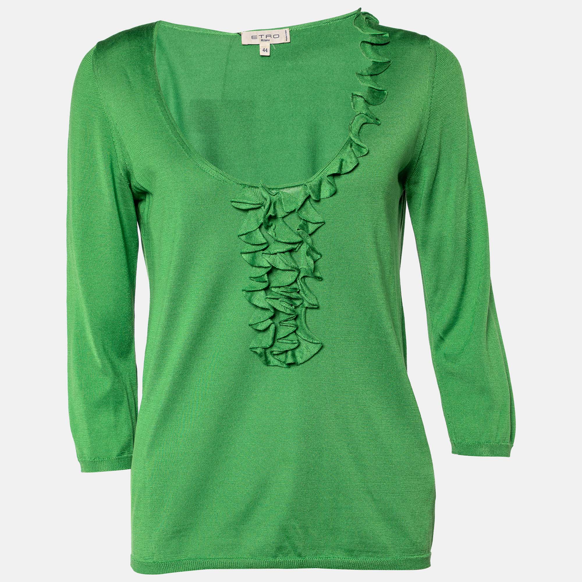 Etro Green Silk Knit Ruffled Top M