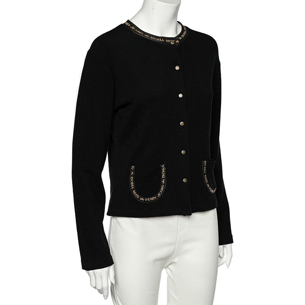 Fendi Jeans Black Wool Knit Logo Trim Detail Button Front Cardigan L