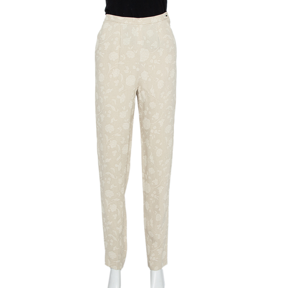 Giorgio Armani Cream Floral Jacquard Tapered Vintage Trousers XS