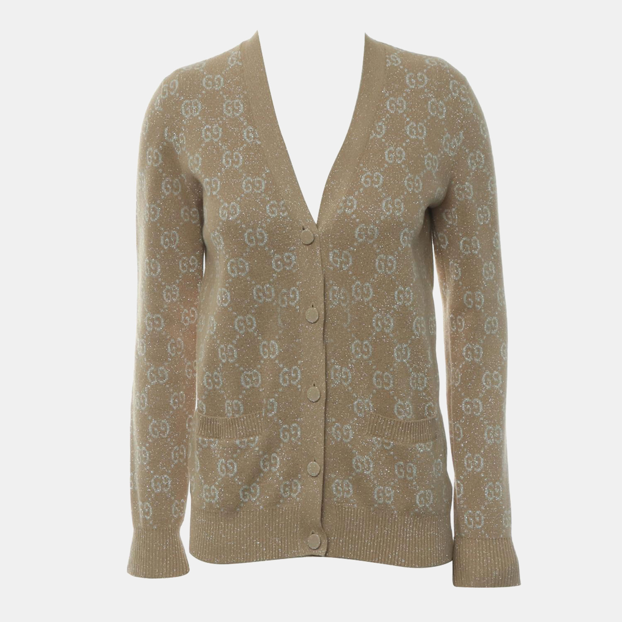 Gucci Light Brown, Camel, Beige Cotton, Metallised Fiber, GG Jacquard Cardigan XS