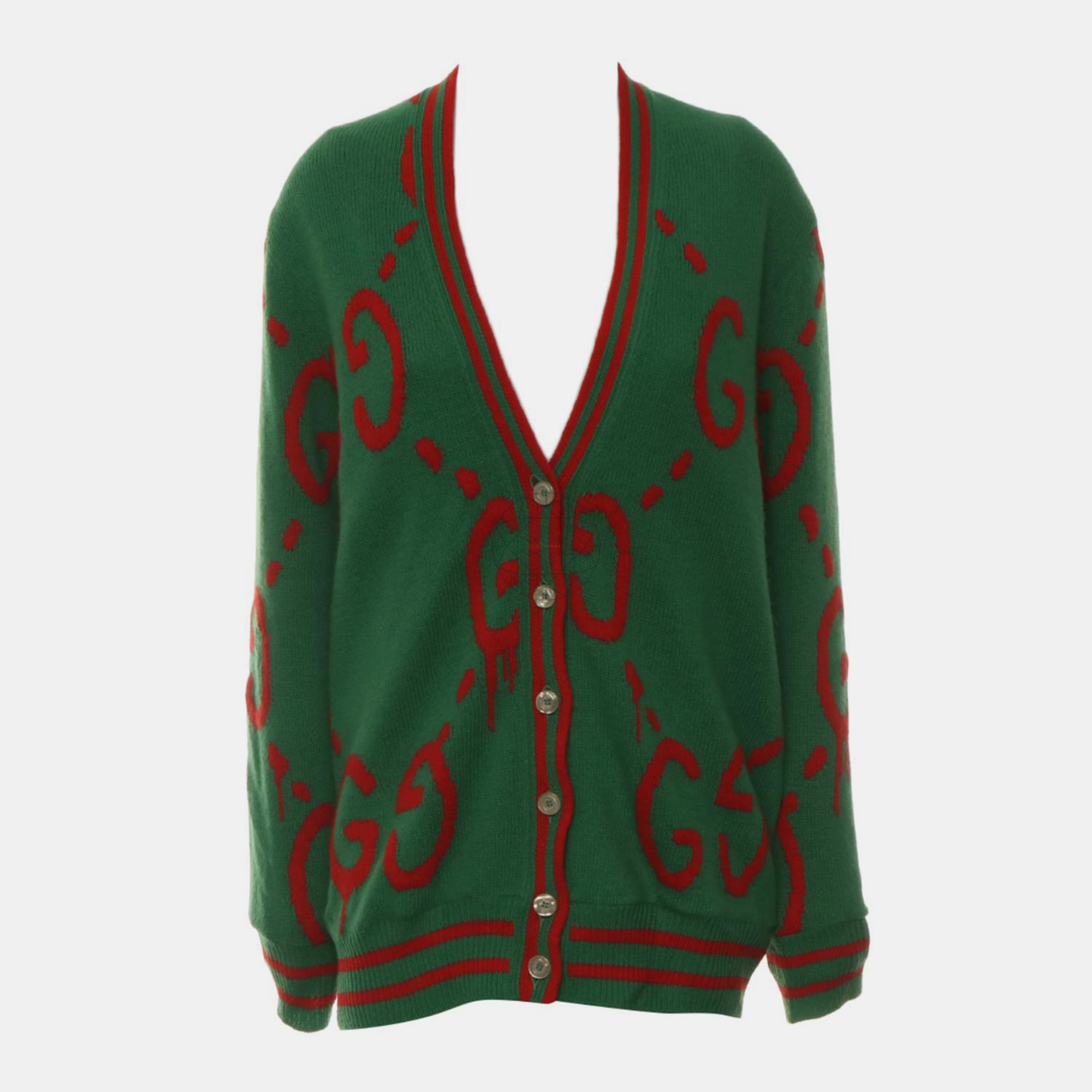 Gucci Green/Red Wool, Silk GG Knitted Cardigan XS