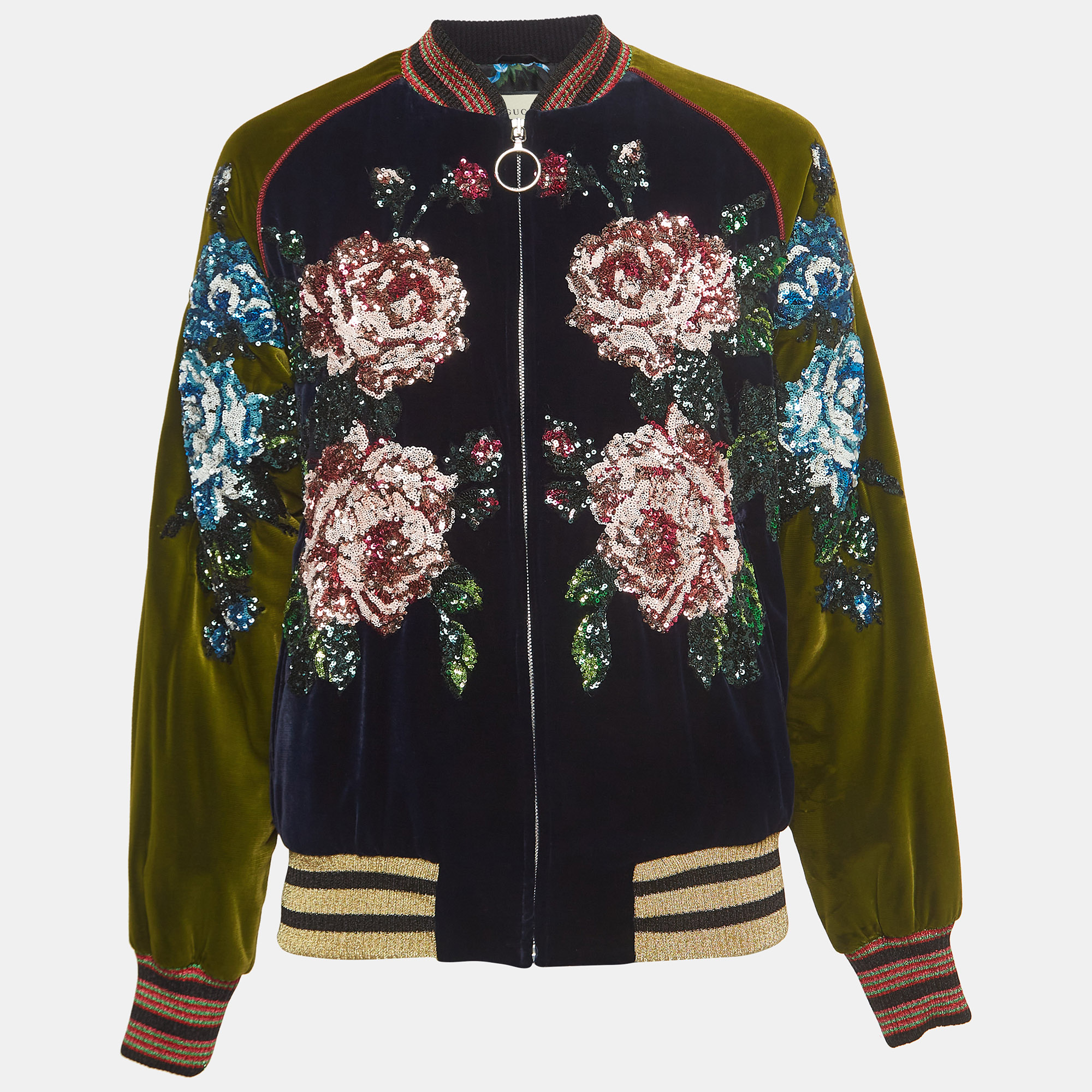 Gucci Navy Blue/Green Floral Sequined Bomber Jacket M